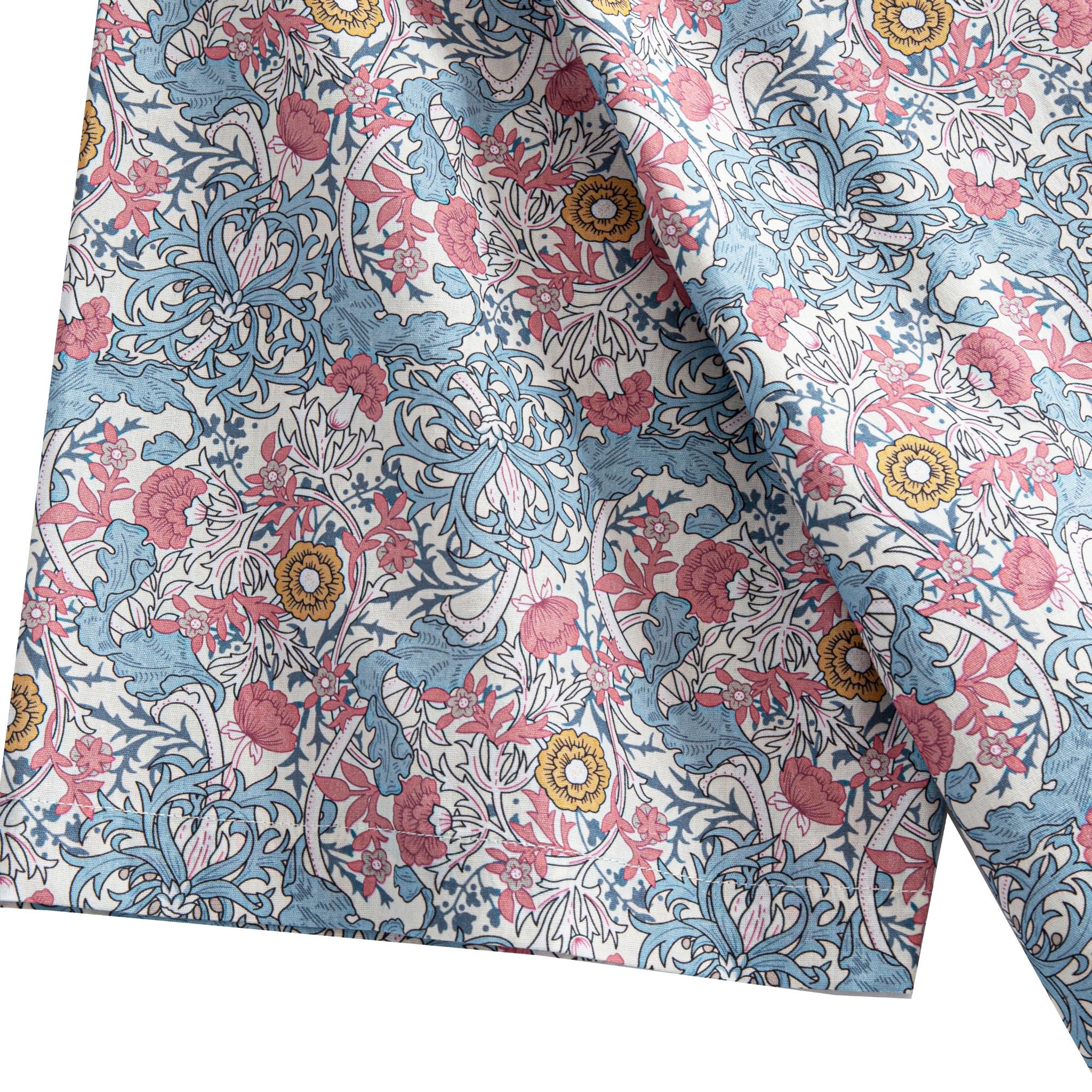 OROMEN Floral Garden Shirt – Fabric Close-Up, Pink Peony, Blue Chrysanthemum & Gold Daisy Print
