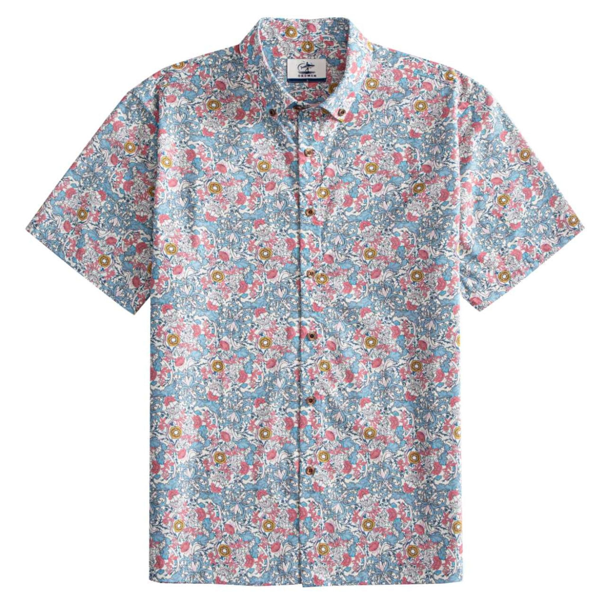 OROMEN Floral Garden Shirt – Front Flat Lay, Pink & Blue Botanical Print, Coconut Buttons