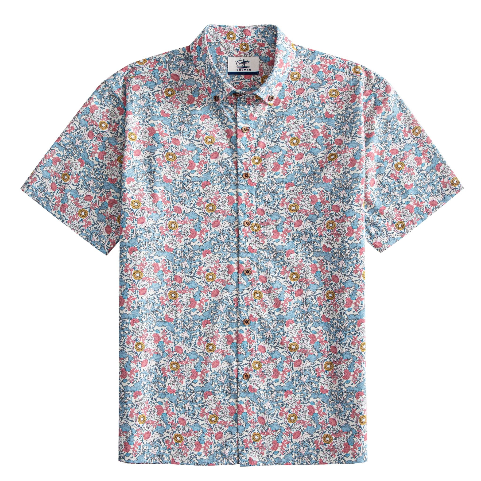 OROMEN Floral Garden Shirt – Front Flat Lay, Pink & Blue Botanical Print, Coconut Buttons