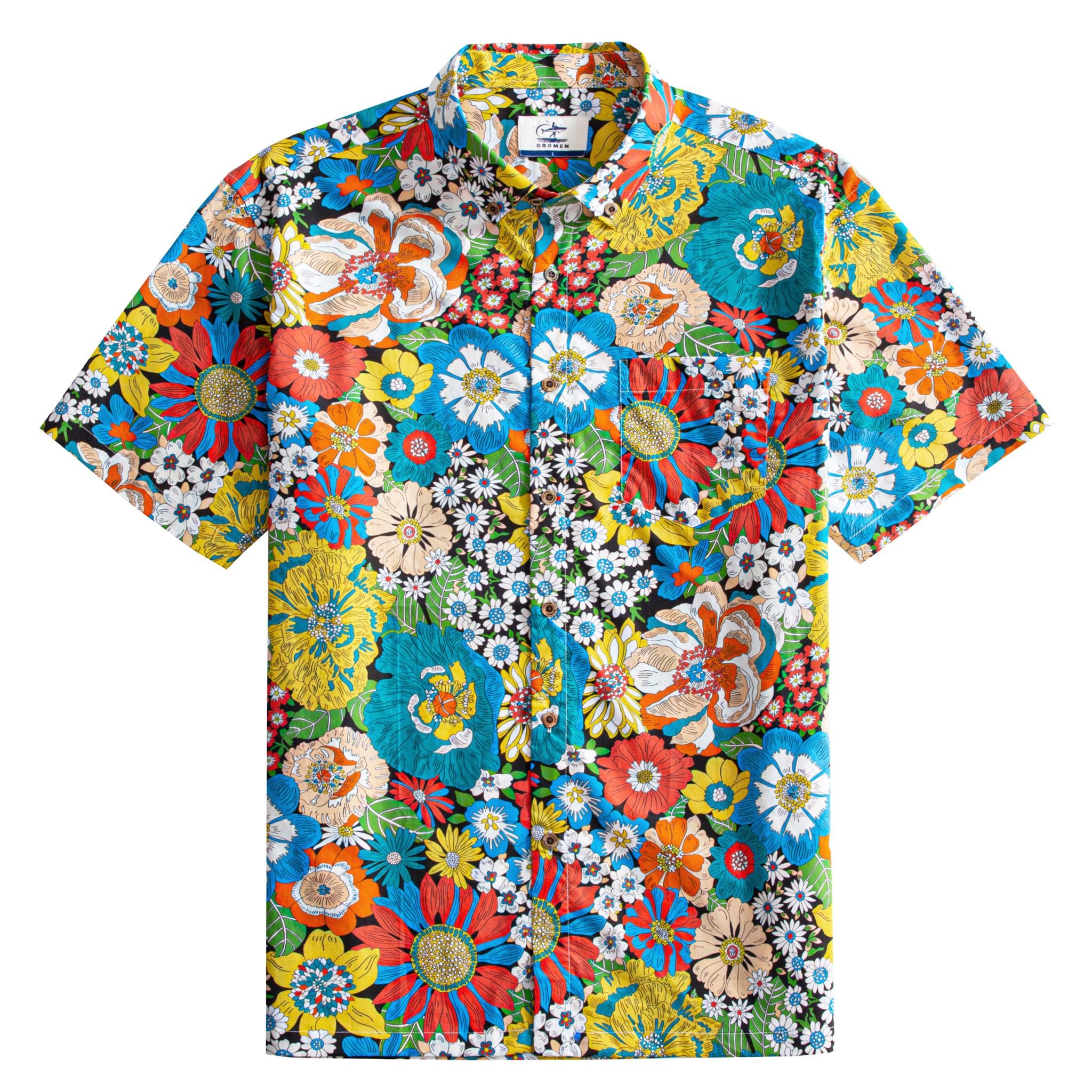 OROMEN Flower Riot Hawaiian Shirt – Multicolor Floral Allover Print, Front View