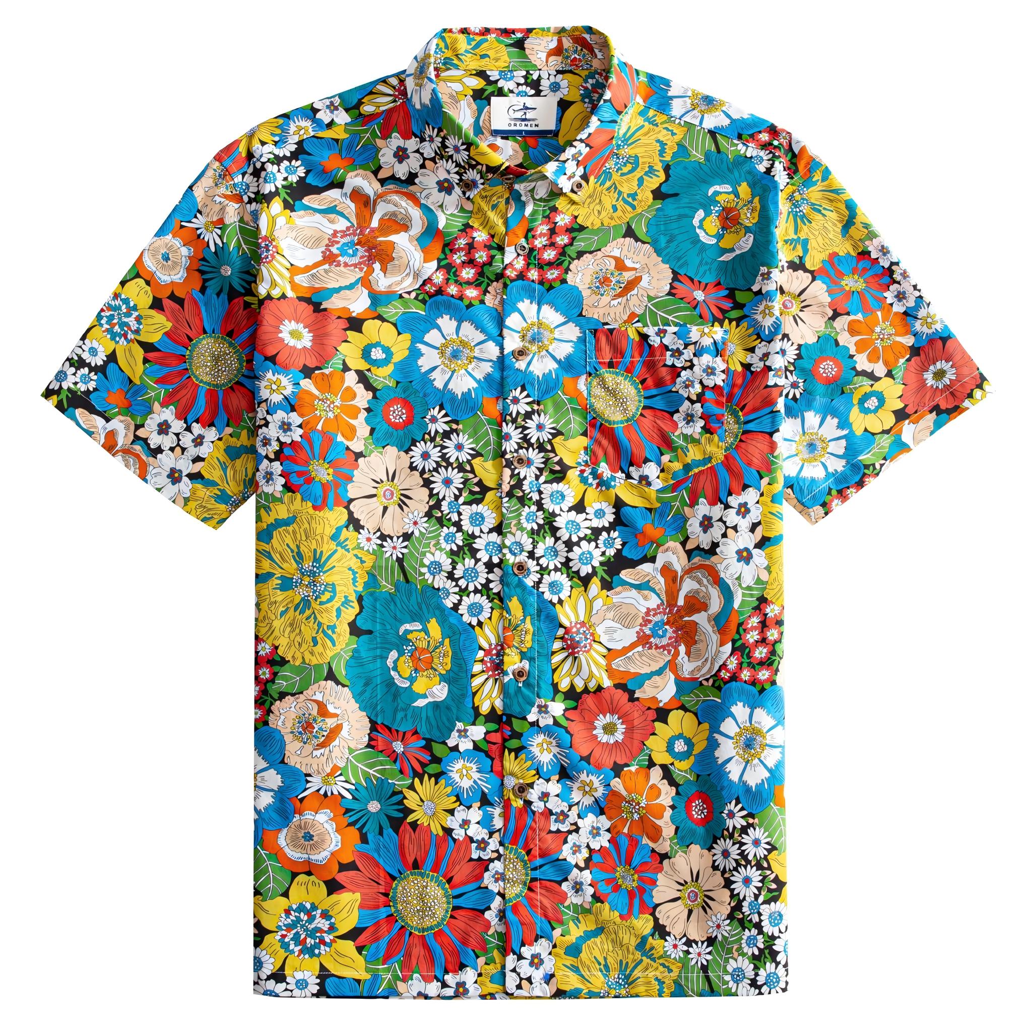 OROMEN Flower Riot Hawaiian Shirt – Multicolor Floral Allover Print, Front View