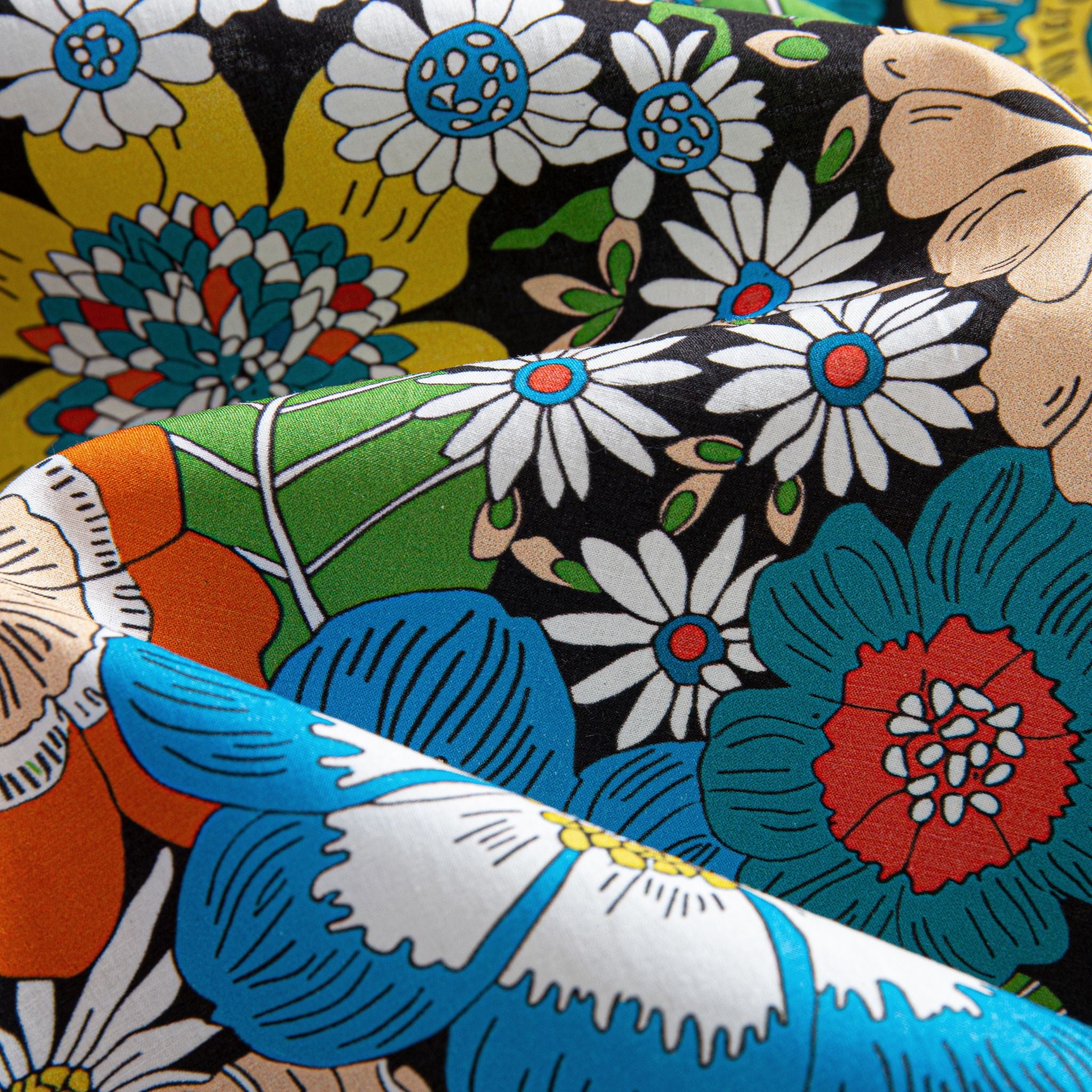 OROMEN Flower Riot Shirt – Fabric Close-up, Vibrant Daisy and Peony Floral Print Detail