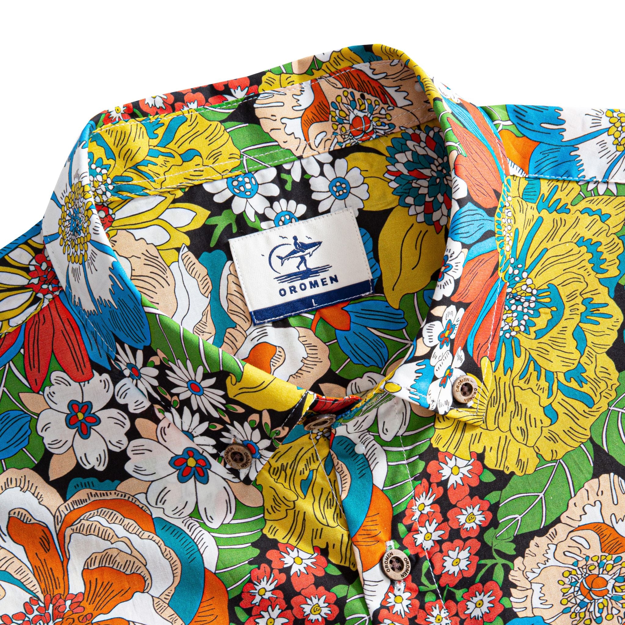 OROMEN Flower Riot Shirt – Folded Flat Lay with Brand Label, Vibrant Floral Print