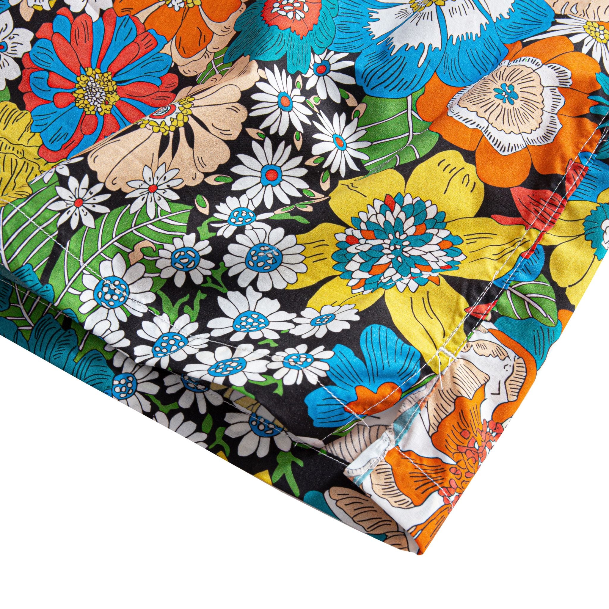 OROMEN Flower Riot Shirt – Hem and Side Seam Detail, Retro Floral Print on Black