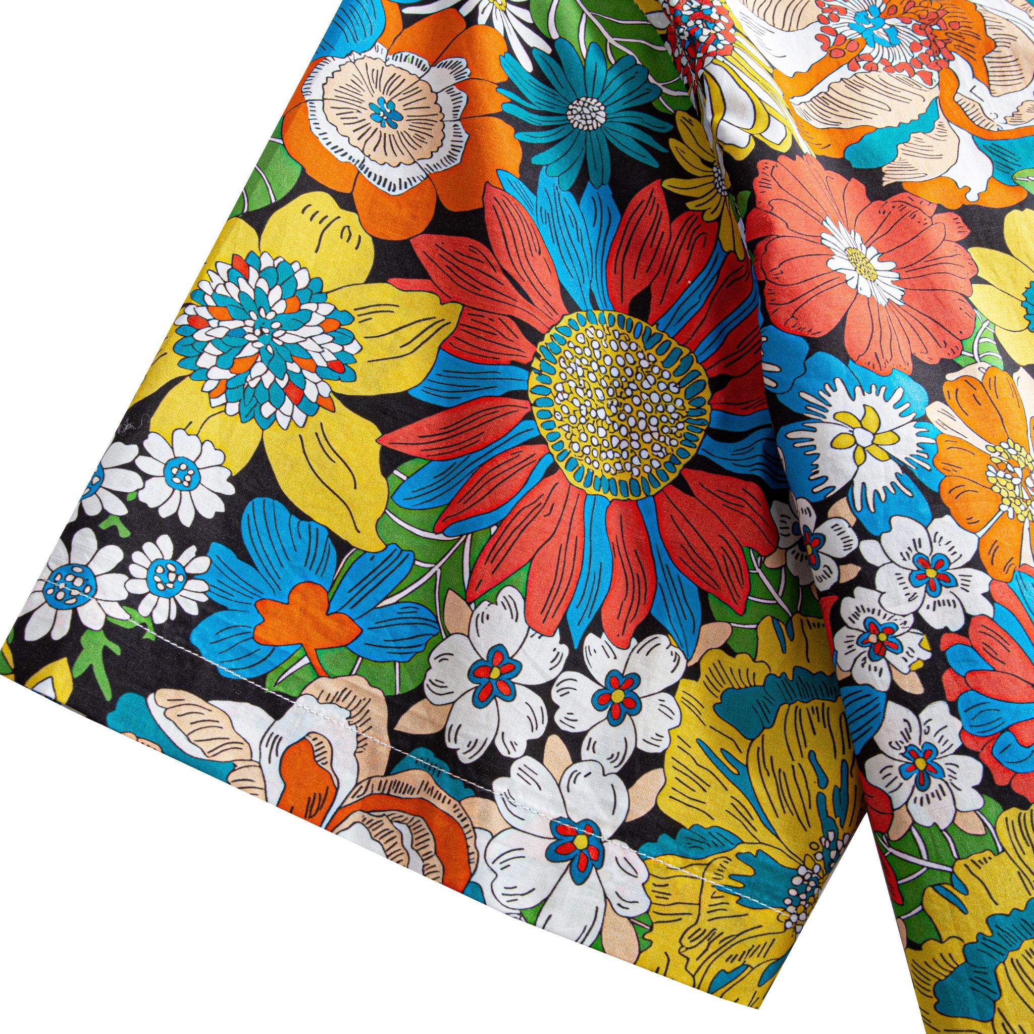 OROMEN Flower Riot Shirt – Hem and Sleeve Detail, Bold Sunflower Floral Print, Retro Hawaiian Style