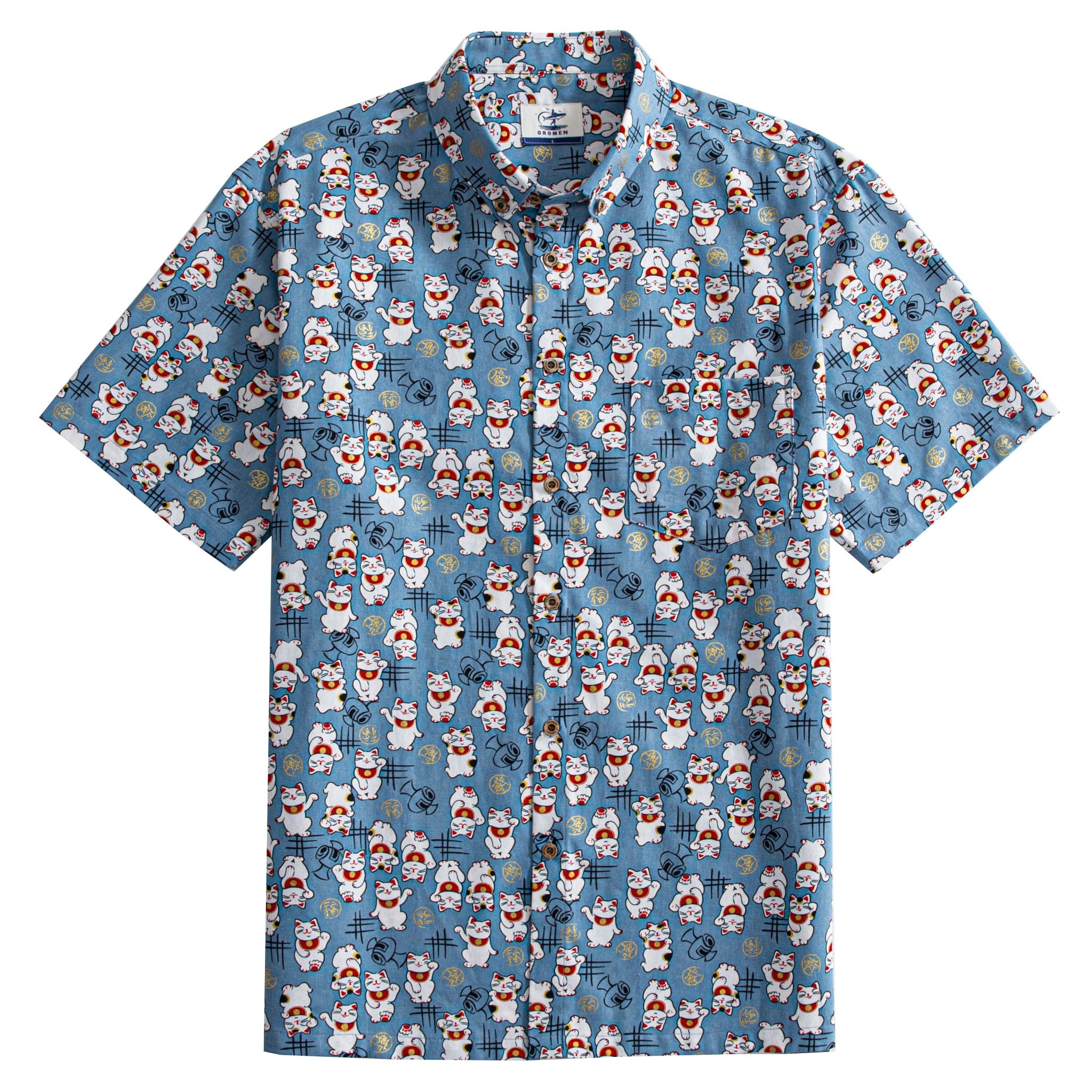 OROMEN Fortune Cat Hawaiian Shirt – Steel Blue Lucky Cat Print, Front View