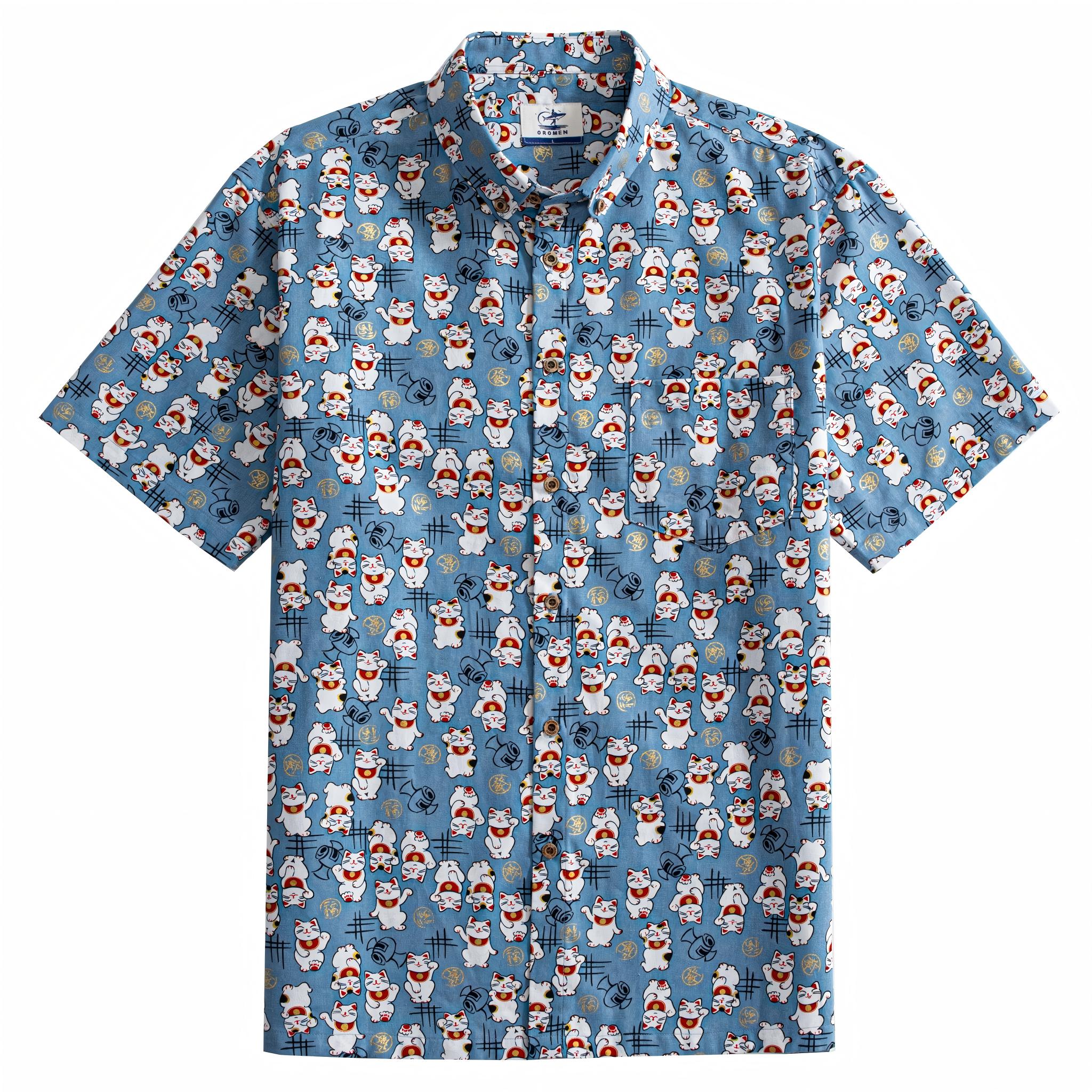 OROMEN Fortune Cat Hawaiian Shirt – Steel Blue Lucky Cat Print, Front View