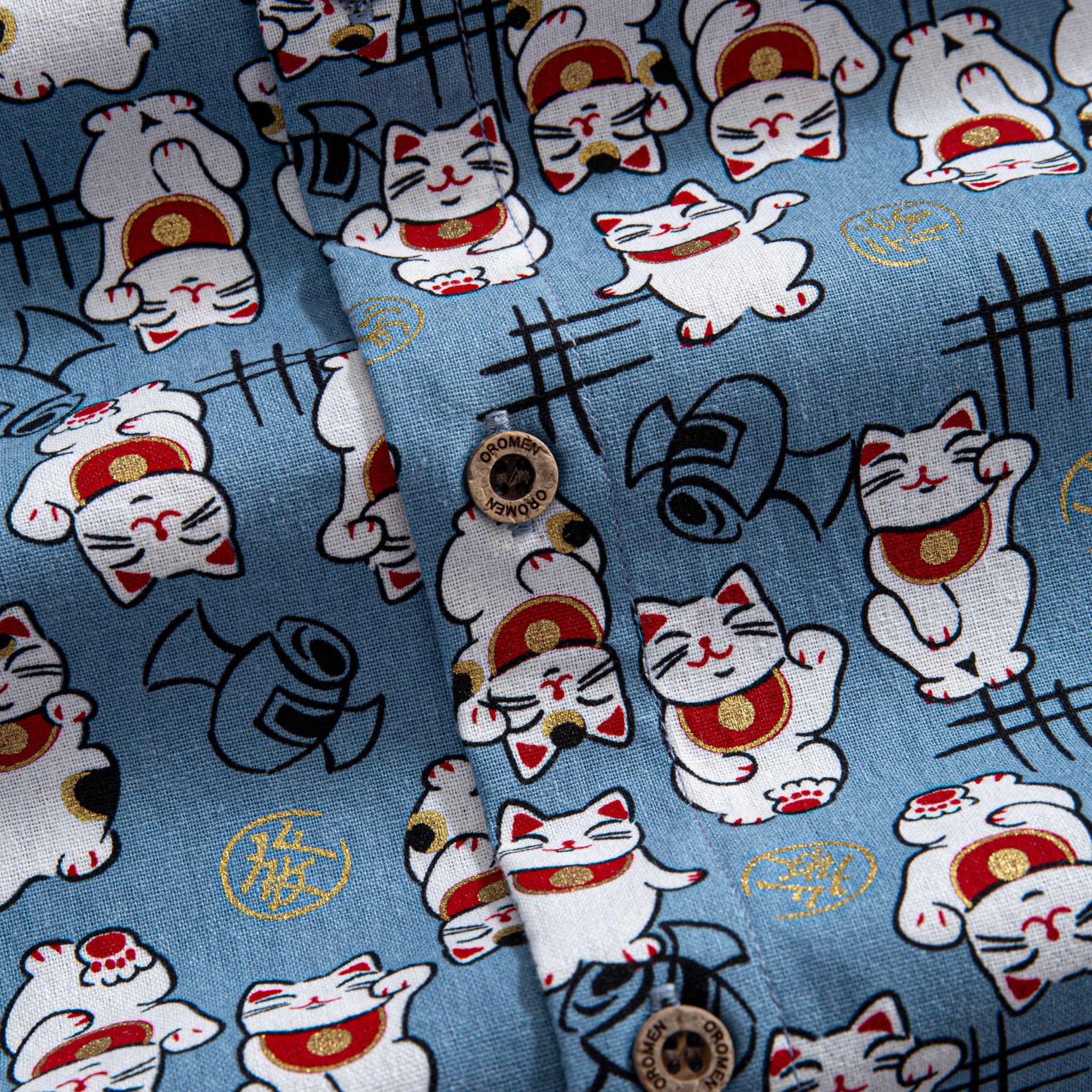 OROMEN Fortune Cat Shirt – Coconut Button Detail, Maneki Neko Cotton Fabric Close-up