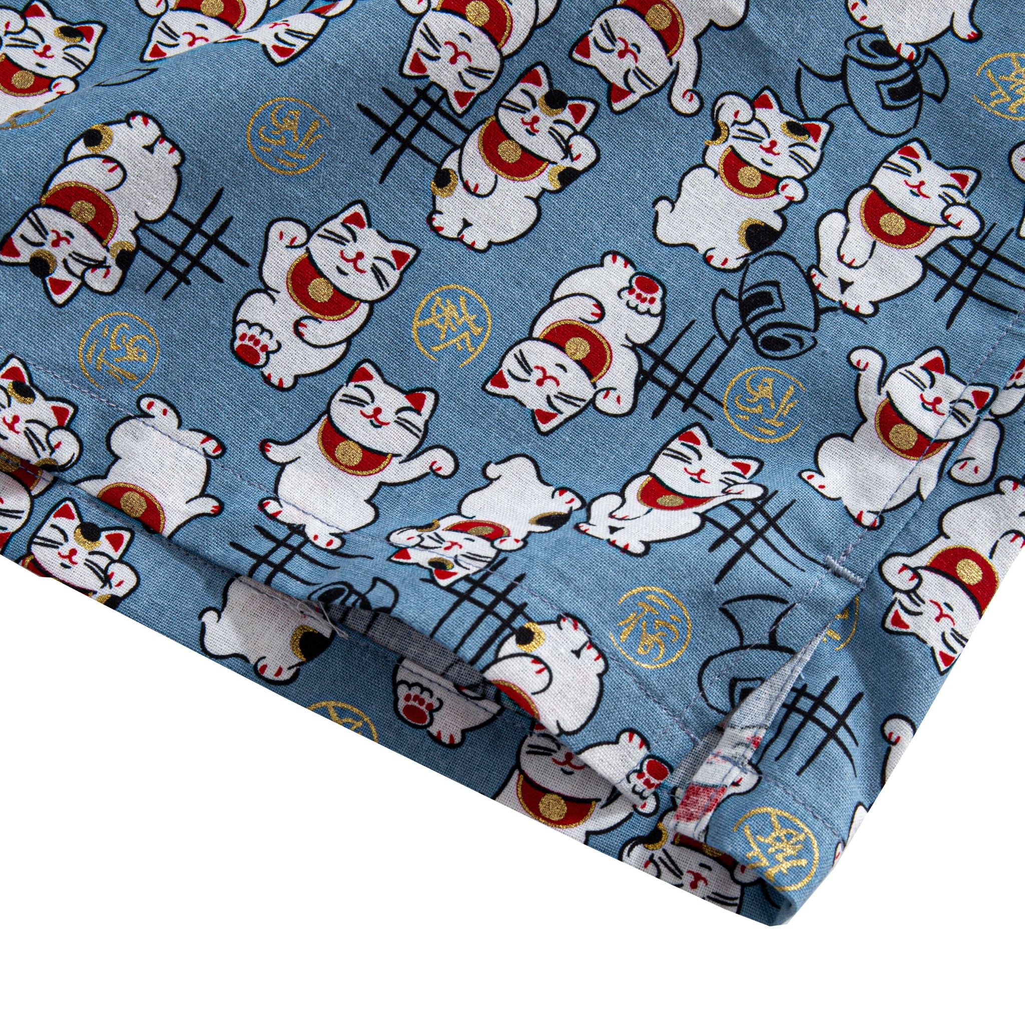 OROMEN Fortune Cat Shirt – Hem and Side Seam Detail, Steel Blue Lucky Cat Print