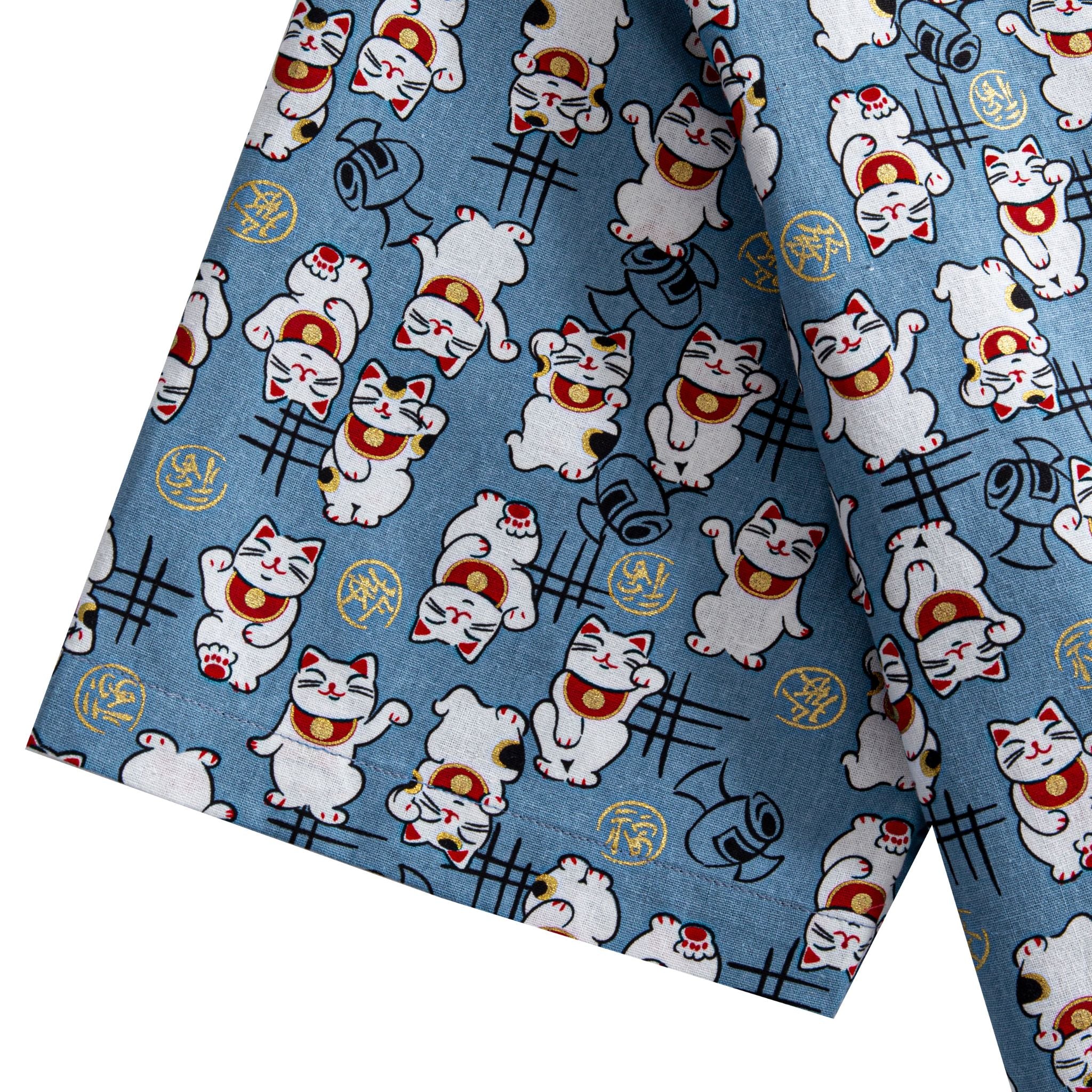 OROMEN Fortune Cat Shirt – Sleeve and Side Panel Detail, Japanese Lucky Cat Print, Steel Blue