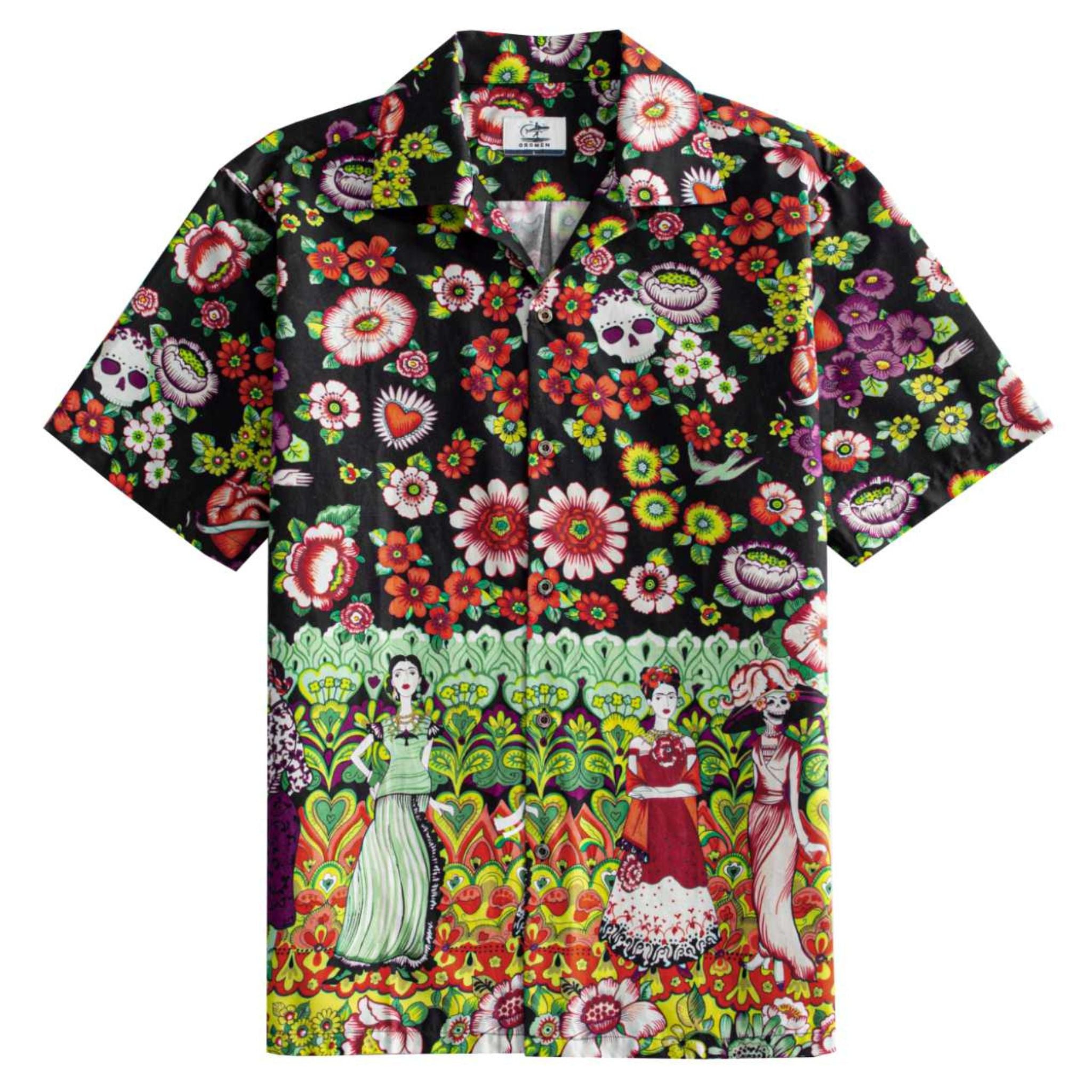 OROMEN Frida & Flowers Shirt – Front View, Black Mexican Folk Art All-Over Print