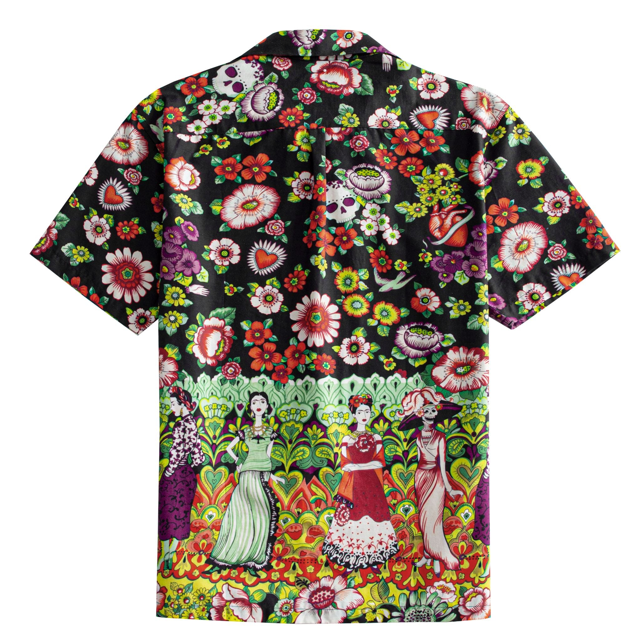 OROMEN Frida & Flowers Shirt – Back view, Frida Kahlo-style print