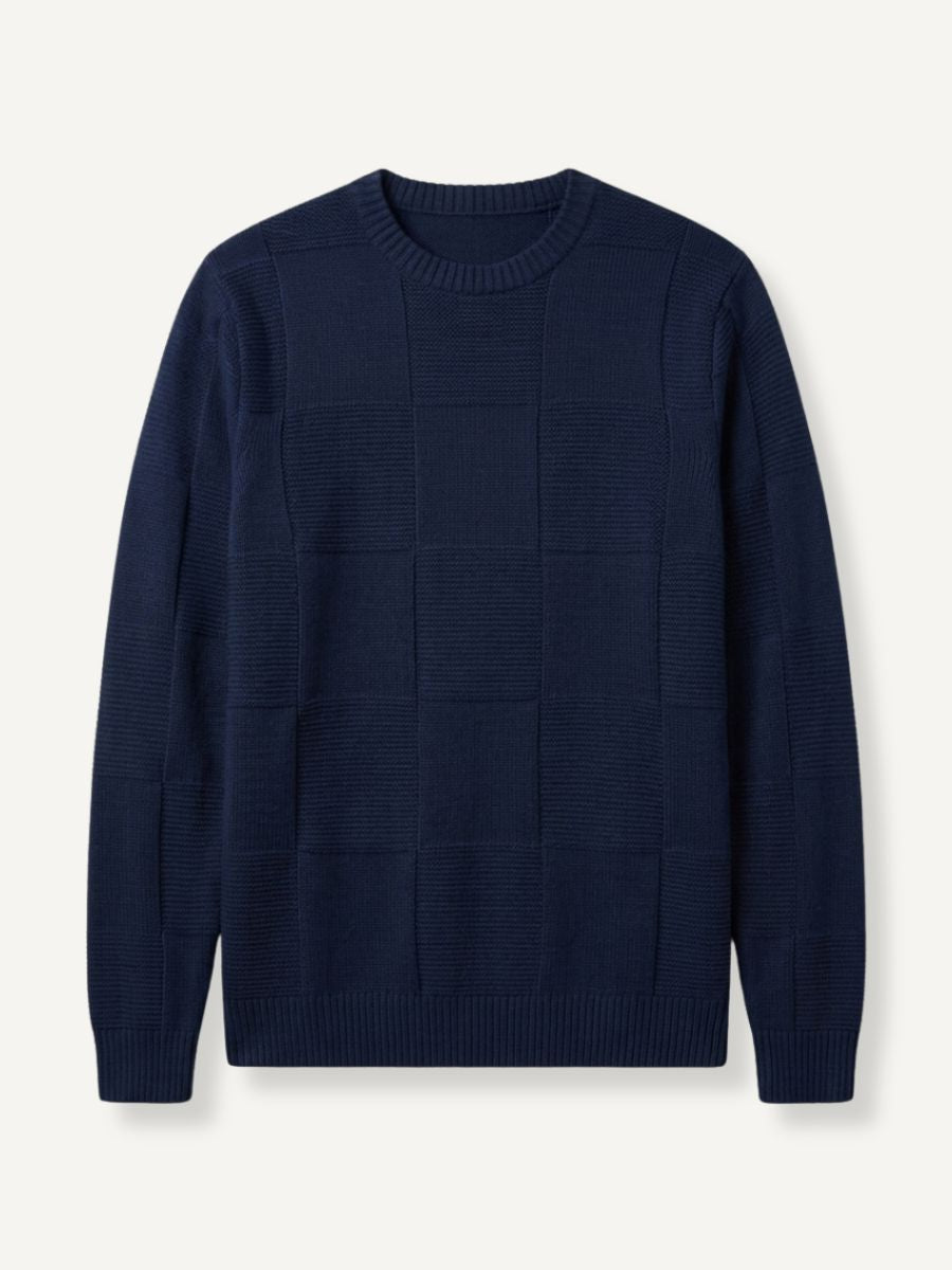 OROMEN Geometric Block Textured Sweater front flat lay in navy blue showing geometric weave