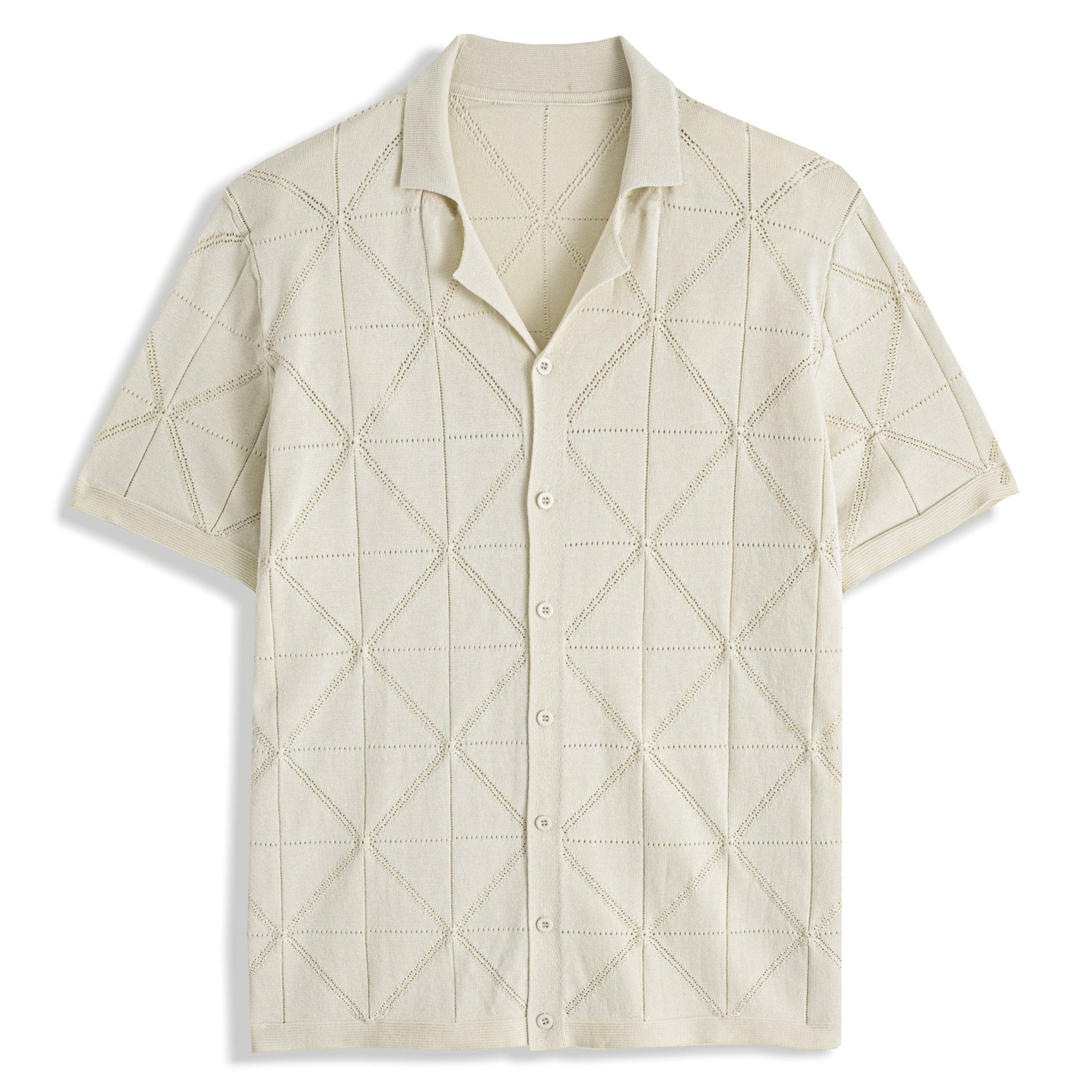 OROMEN Geometric Open-Knit Polo Shirt in Beige – Front View