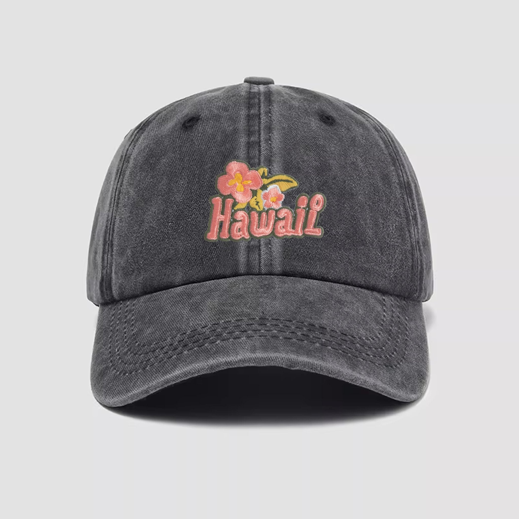 OROMEN Hawaii Hibiscus Cap Charcoal Black - Curved Brim Vintage Baseball Hat
