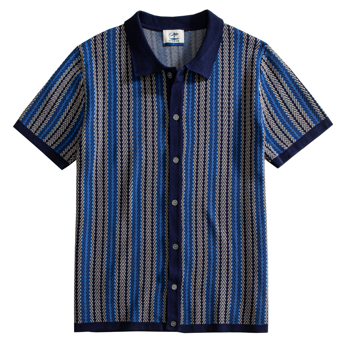 OROMEN Herringbone Jacquard Knit Polo navy blue front flat lay full view