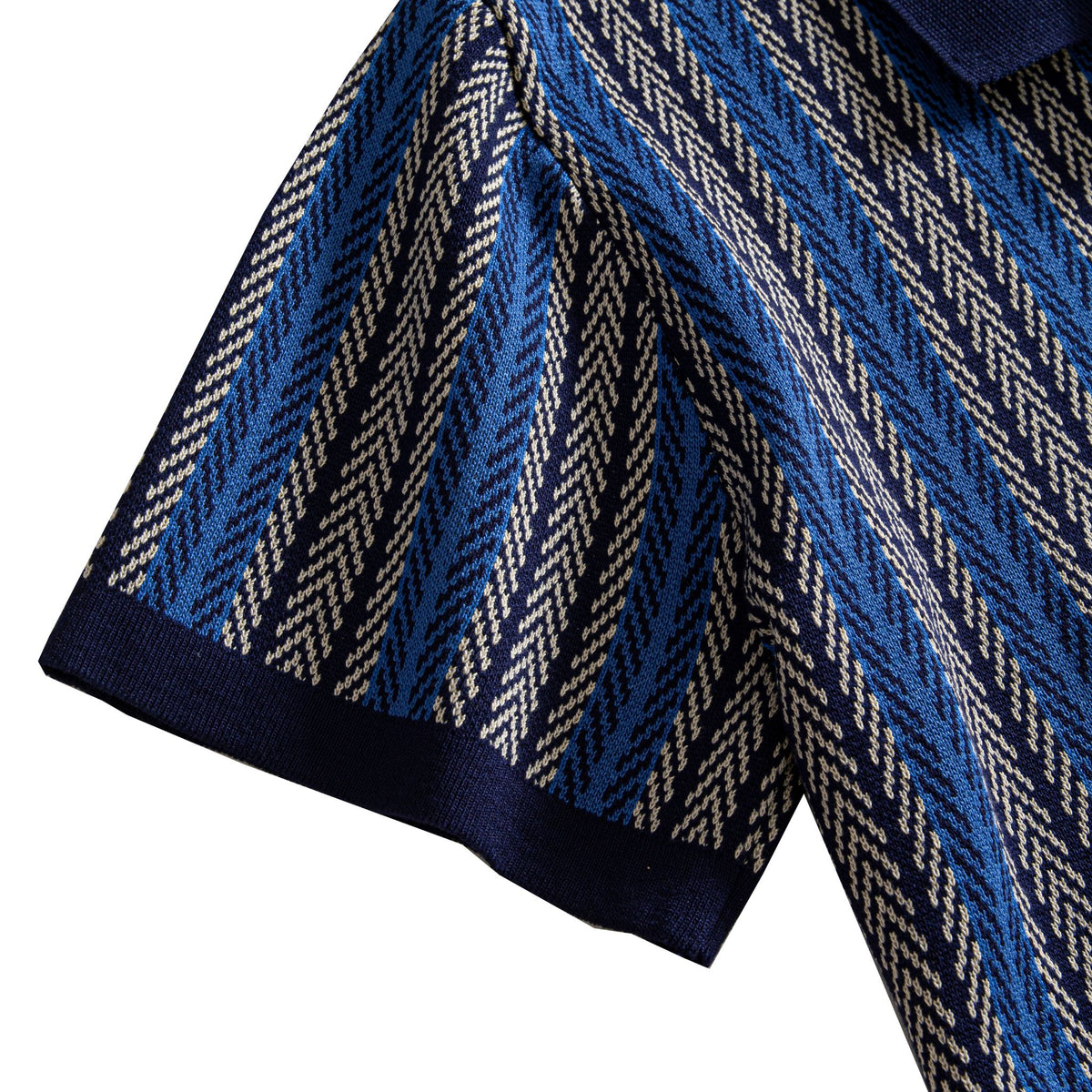 OROMEN Herringbone Jacquard Knit Polo navy blue sleeve ribbed cuff detail