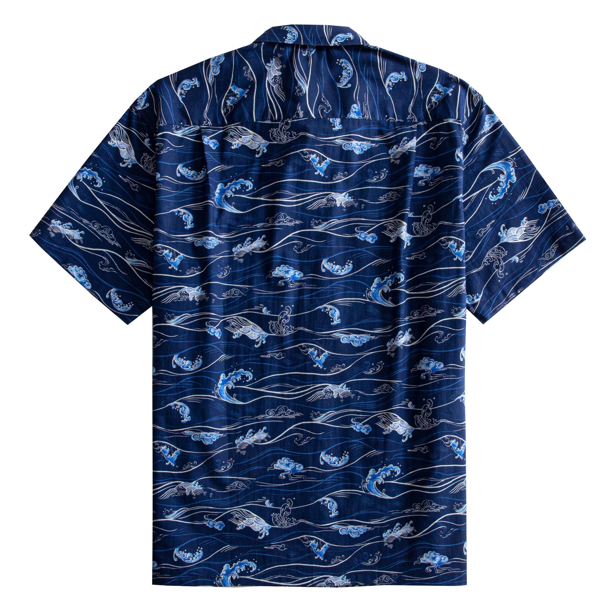 OROMEN Hokusai Kairin Hawaiian shirt back flat lay, full allover Ukiyo-e ocean wave print on navy