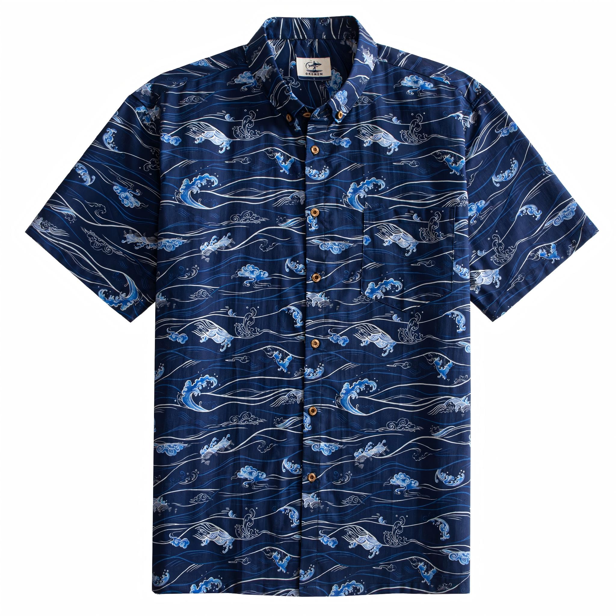 OROMEN Hokusai Kairin Hawaiian shirt front flat lay, allover Ukiyo-e ocean wave print on deep navy