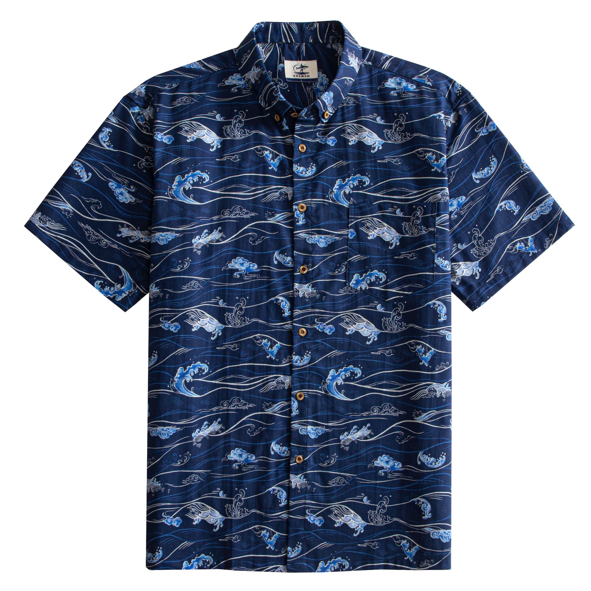 OROMEN Hokusai Kairin Hawaiian shirt front flat lay, allover Ukiyo-e ocean wave print on deep navy