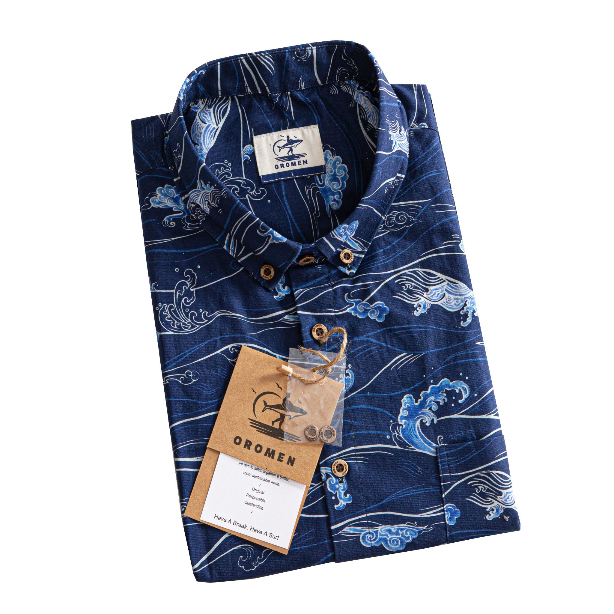 OROMEN Hokusai Kairin shirt folded, branded label and coconut buttons detail