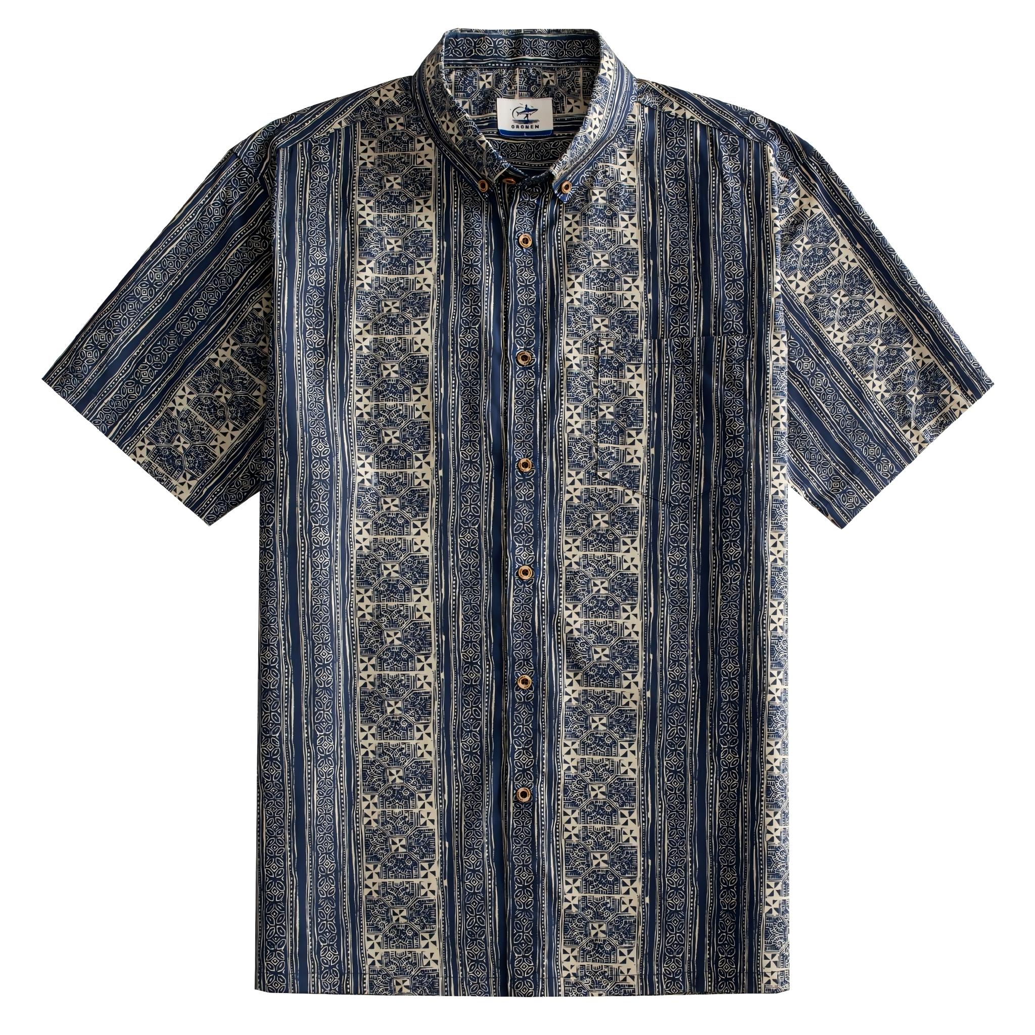 OROMEN Indigo Batik shirt front flat lay, allover navy and off-white geometric Batik stripe print