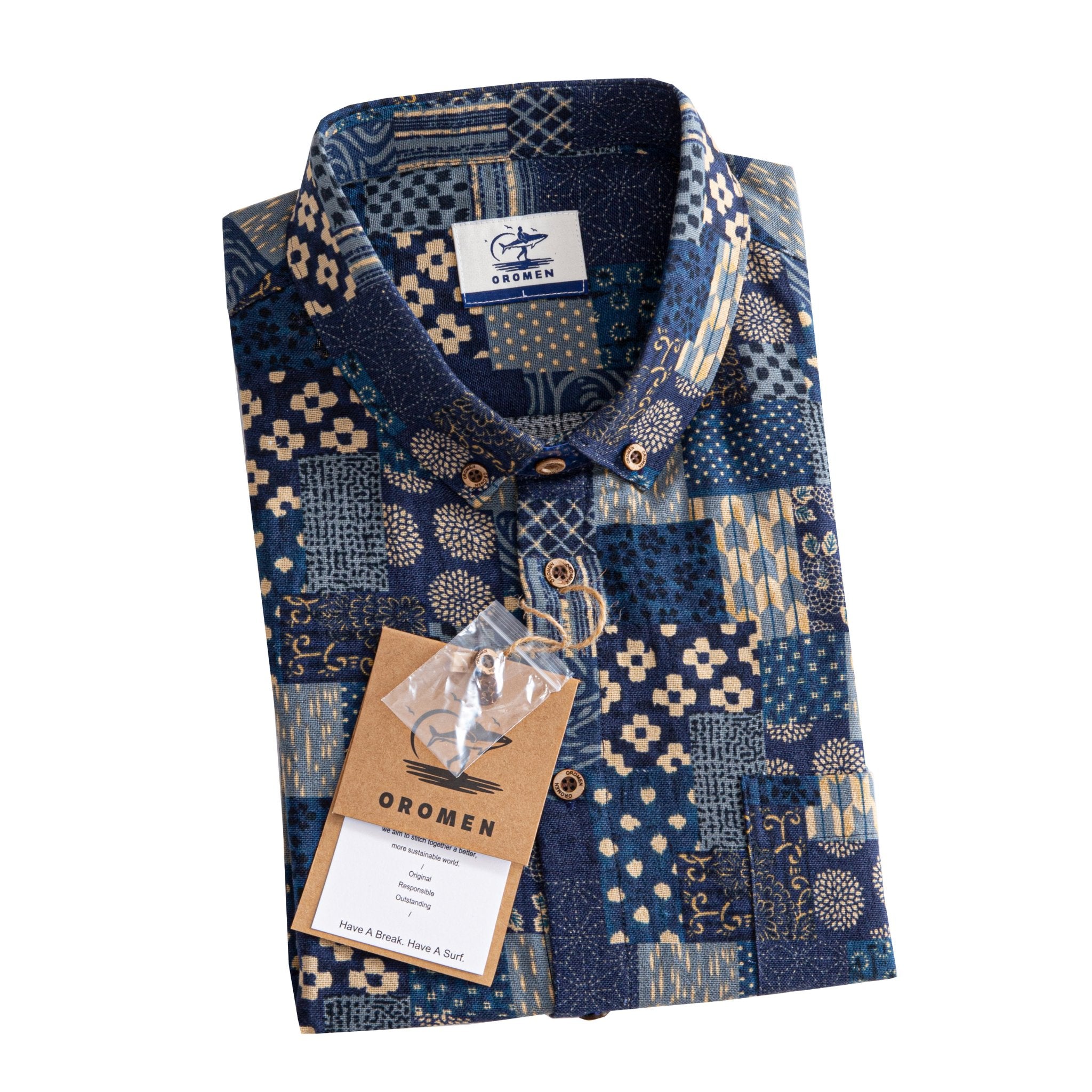 OROMEN Indigo Boro Patchwork Shirt Folded with Brand Tag