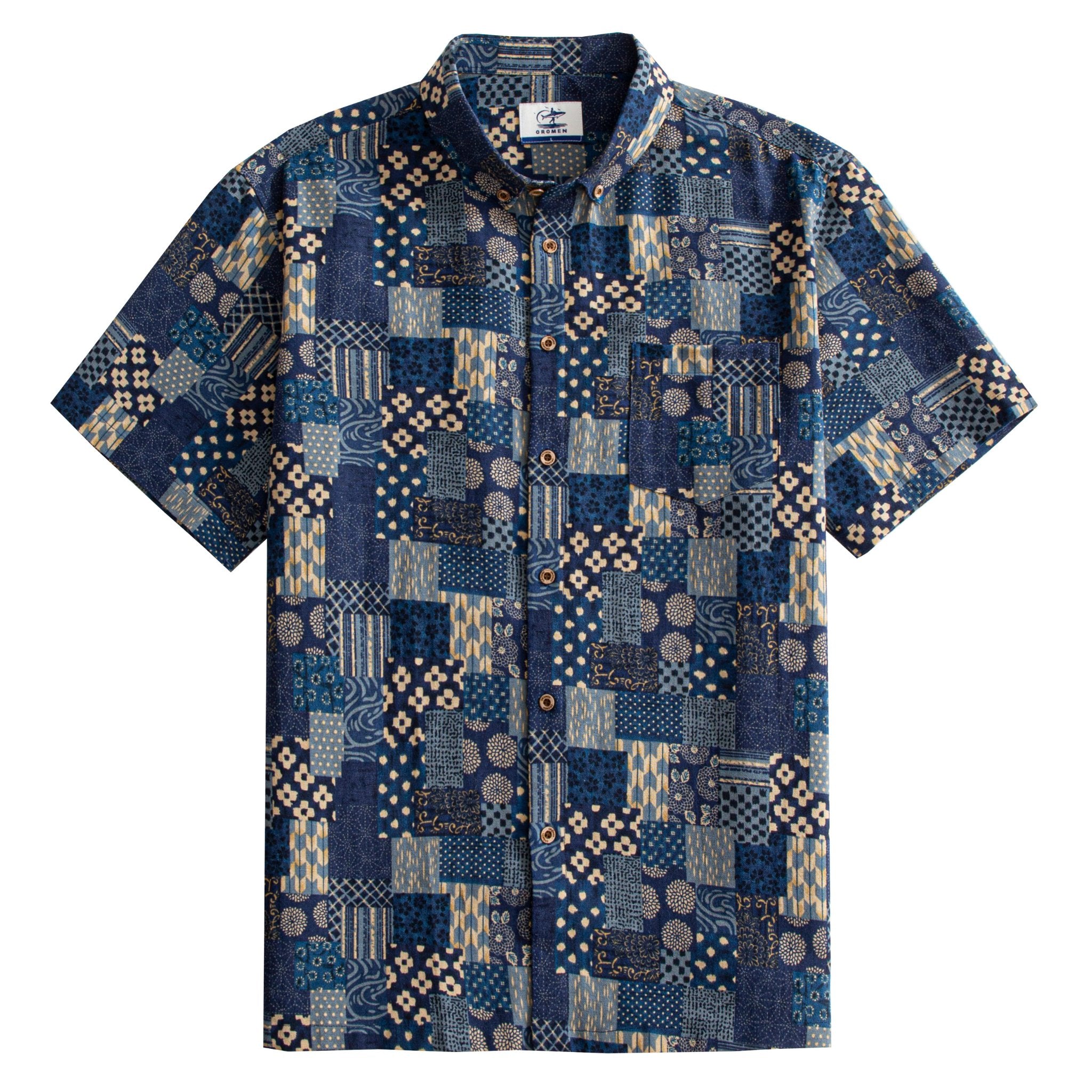 OROMEN Indigo Boro Patchwork Short Sleeve Shirt – Front View