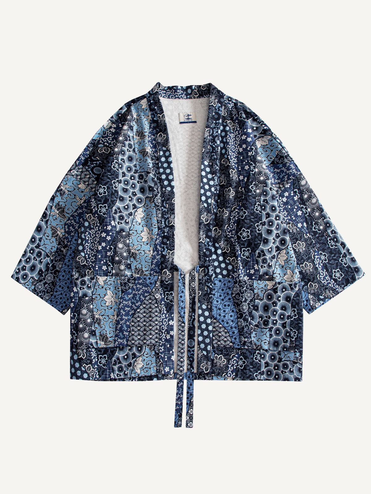 OROMEN Indigo Floral Patchwork Kimono Cardigan laid flat, front view