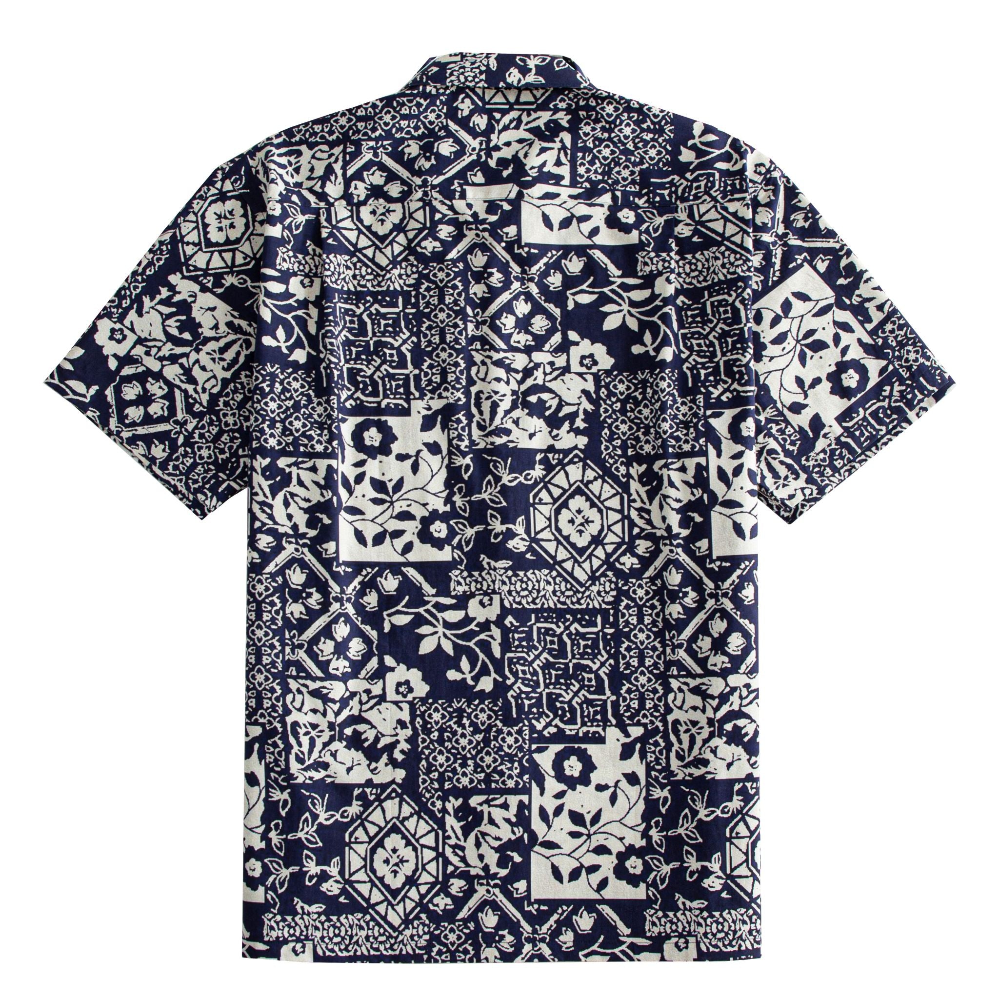OROMEN Indigo Katazome shirt back flat lay, full patchwork print