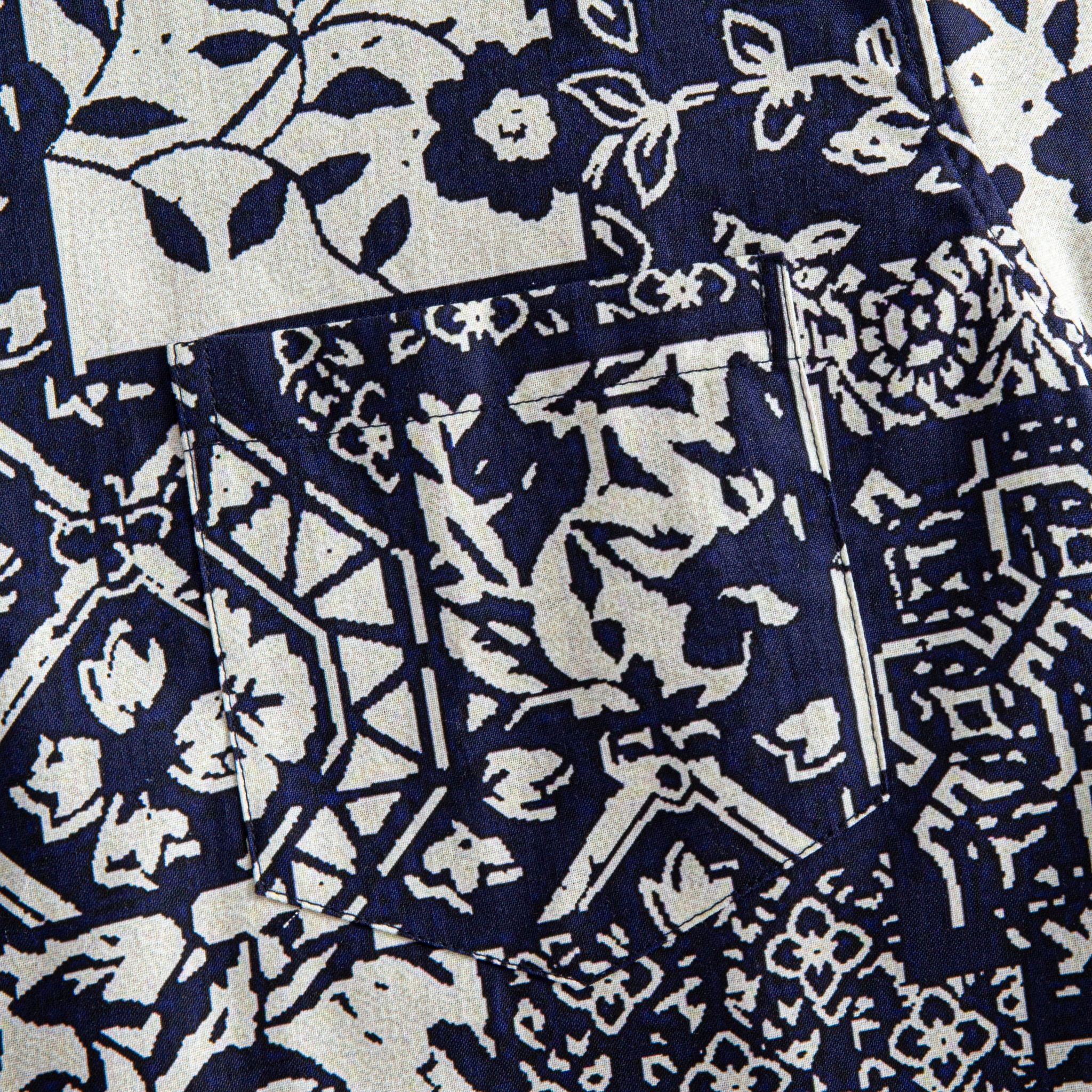 OROMEN Indigo Katazome shirt chest pocket, floral and geometric patchwork detail