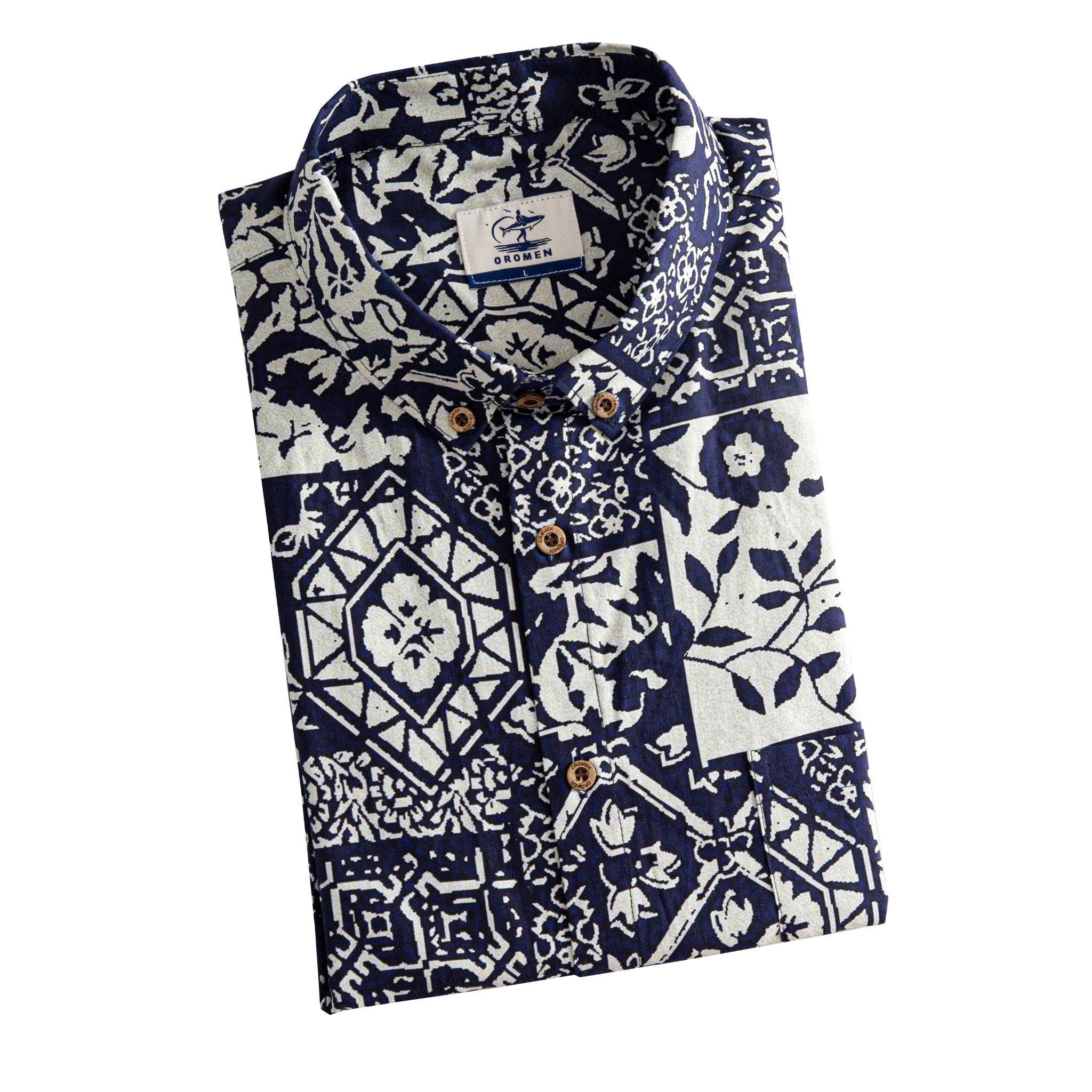 OROMEN Indigo Katazome shirt folded, branded label and coconut buttons detail