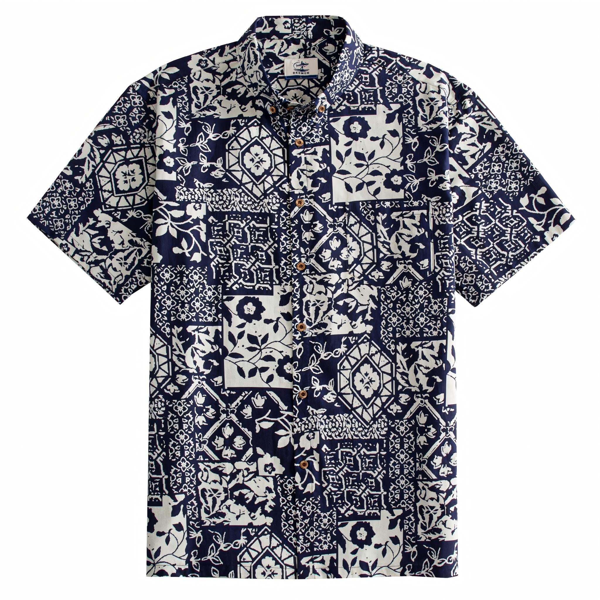 OROMEN Indigo Katazome shirt front flat lay, navy blue and off-white patchwork print