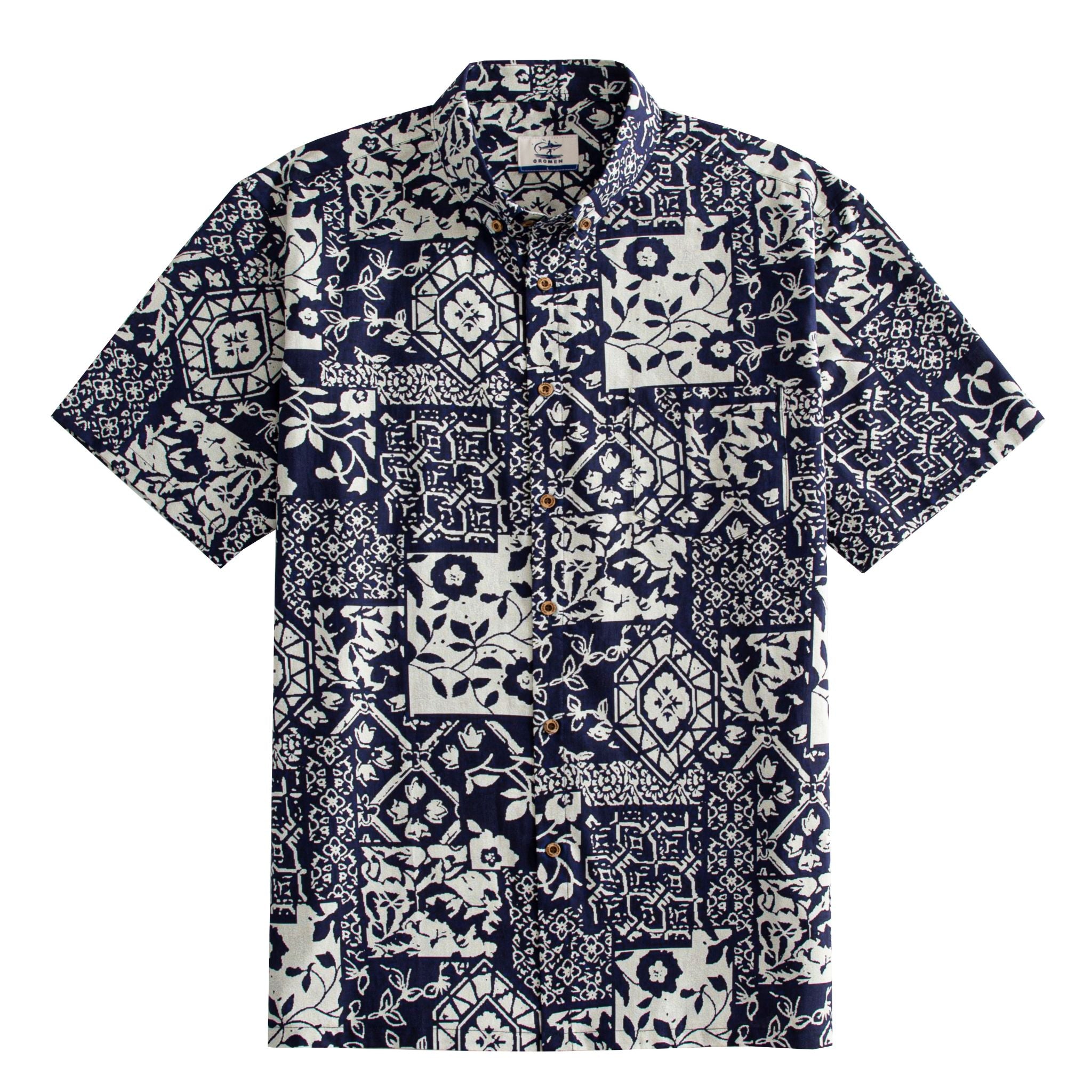 OROMEN Indigo Katazome shirt front flat lay, navy blue and off-white patchwork print