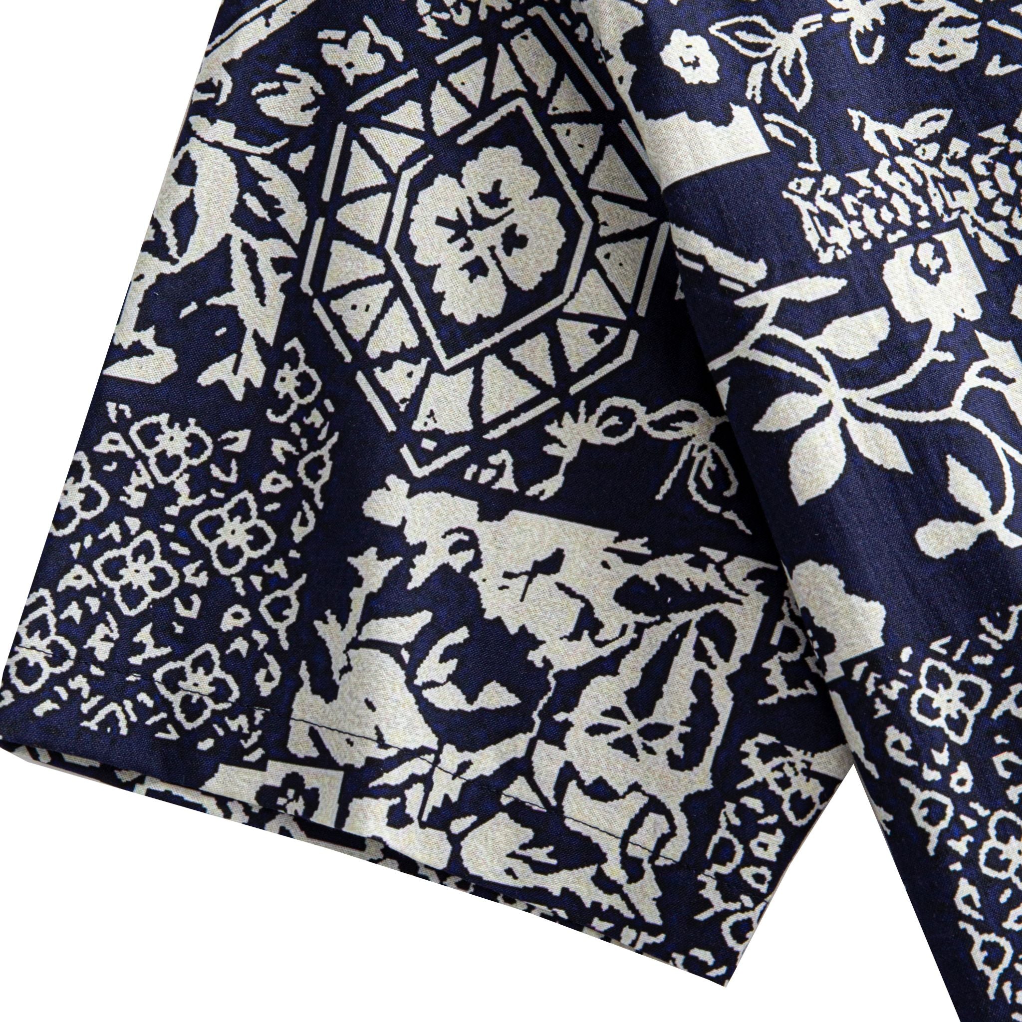 OROMEN Indigo Katazome shirt sleeve, hexagonal lattice and floral vine patchwork