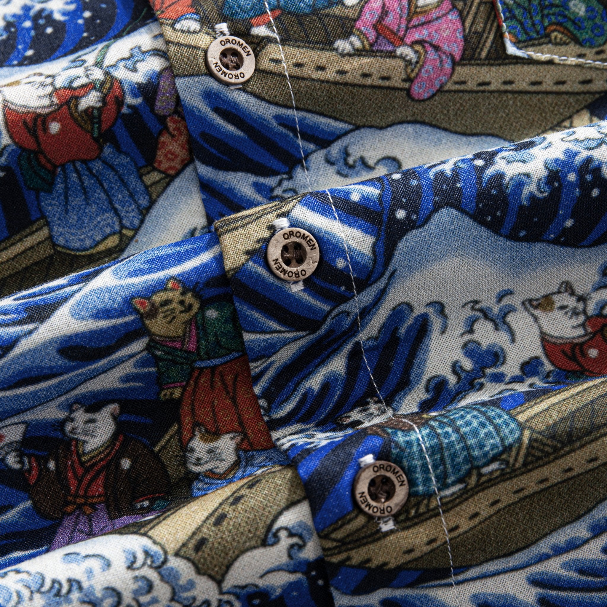 OROMEN Japanese Cotton Shirt Cat Yokai Print – Close-up