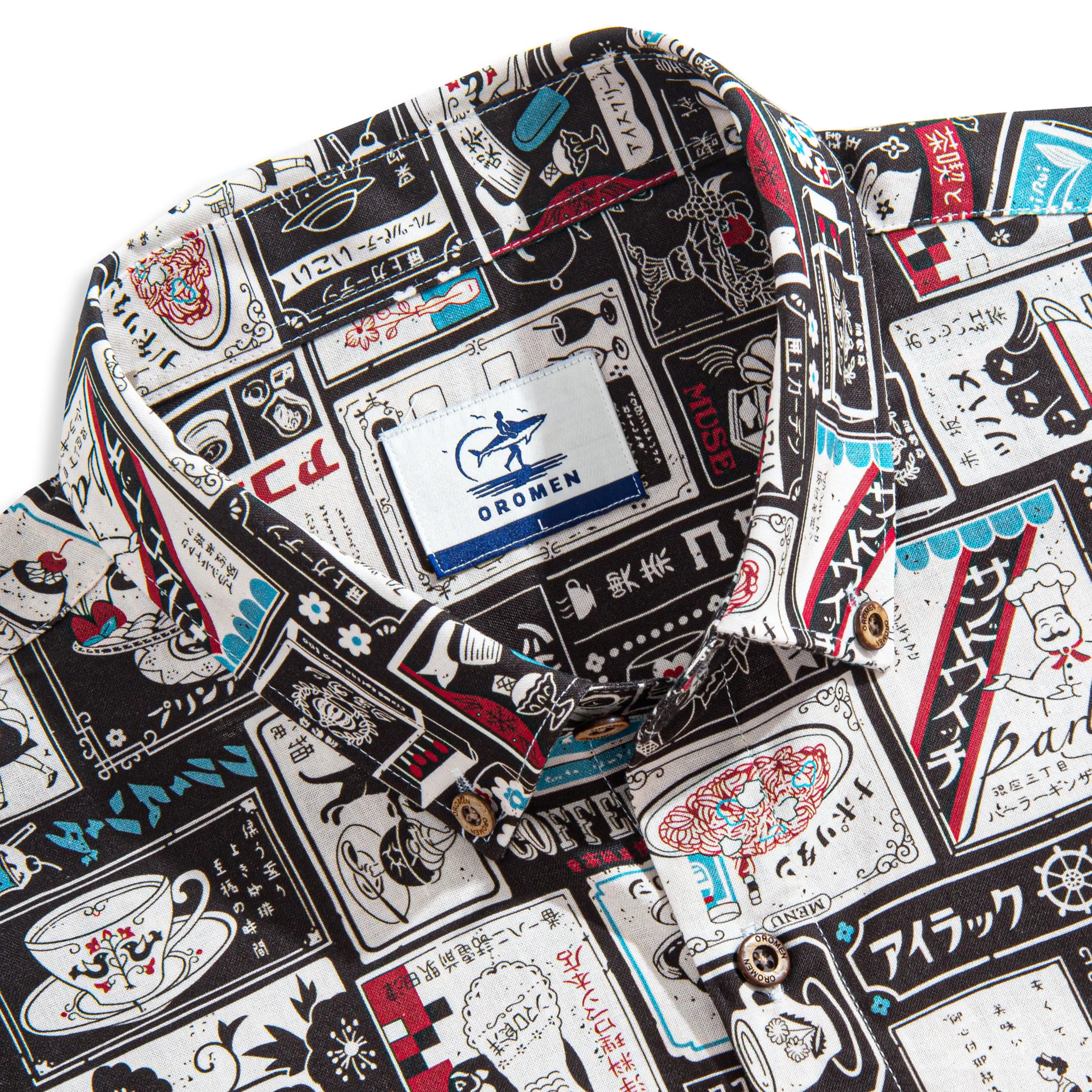 OROMEN Japanese Magazine Sticker Shirt – Collar and Brand Label Detail, Coconut Buttons, Kissaten Ramen Print