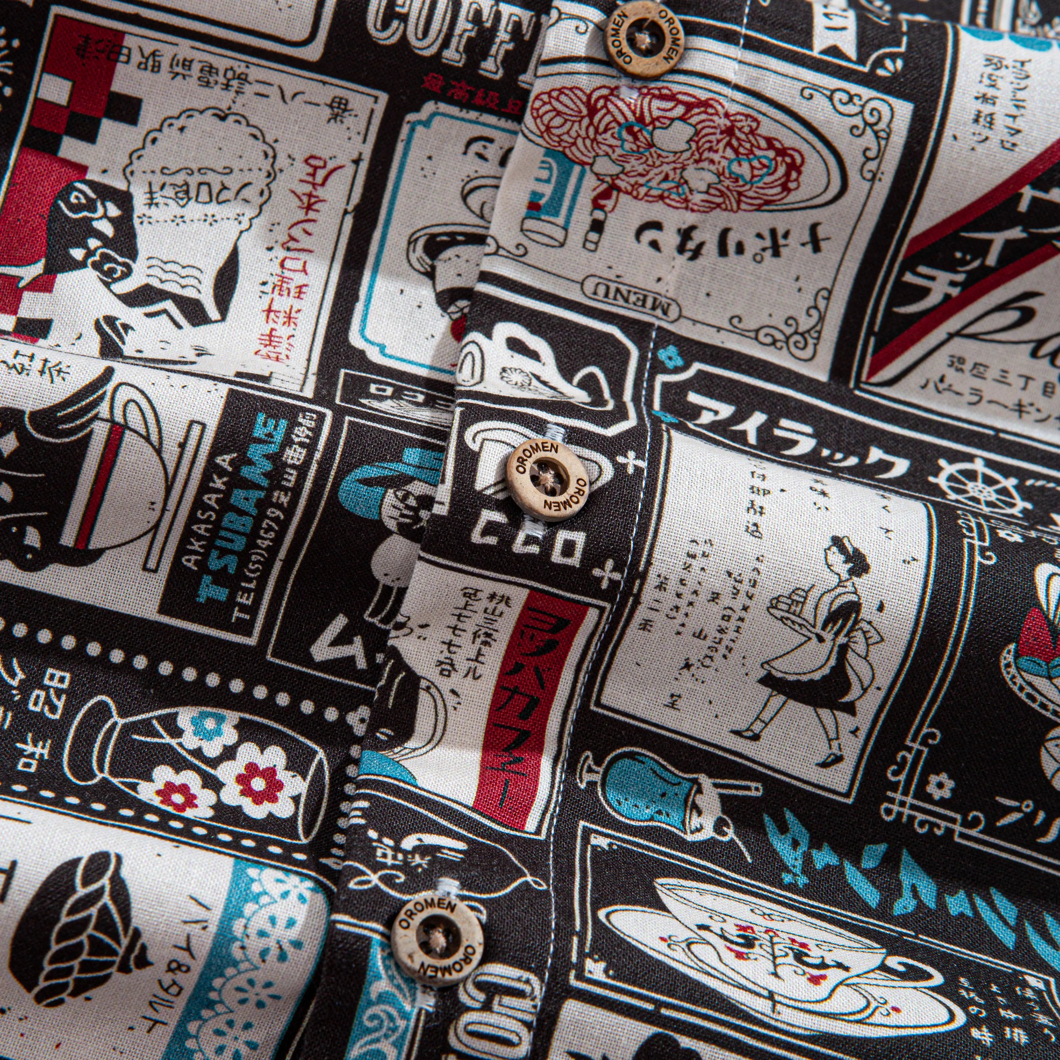 OROMEN Japanese Magazine Sticker Shirt – Natural Coconut Button Detail, Retro Kissaten Allover Print