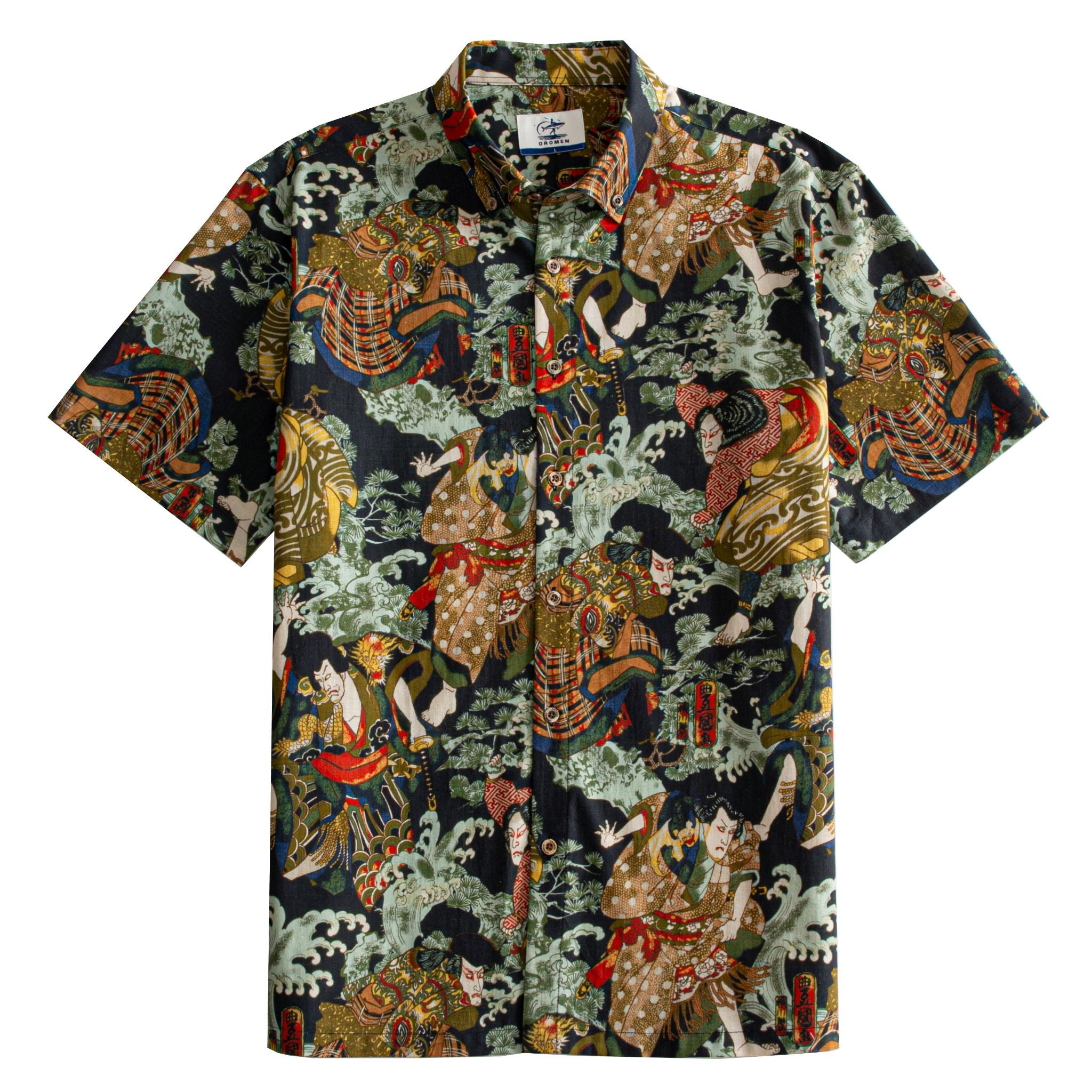 OROMEN Kabuki Warriors Hawaiian shirt front flat lay showing full allover Japanese Ukiyo-e warrior print on dark navy cotton