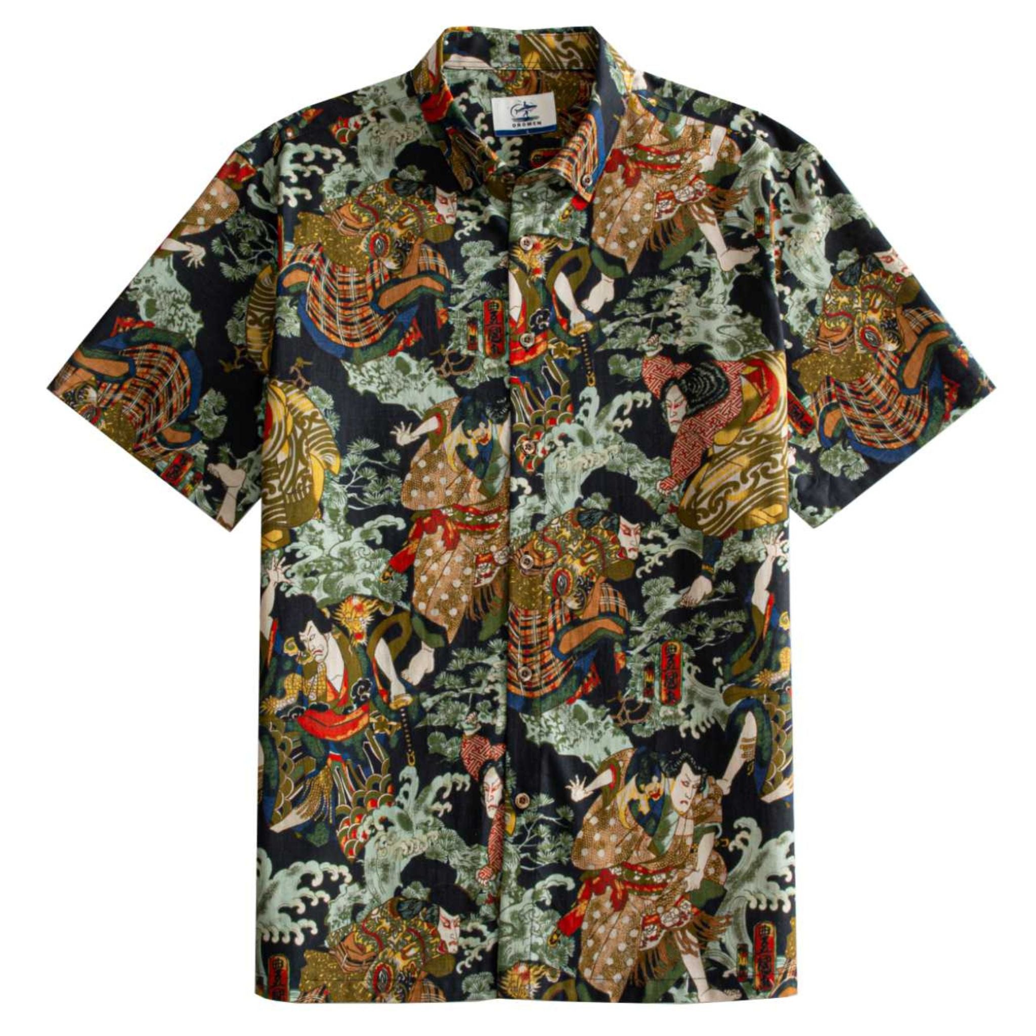 OROMEN Kabuki Warriors Hawaiian shirt front flat lay showing full allover Japanese Ukiyo-e warrior print on dark navy cotton