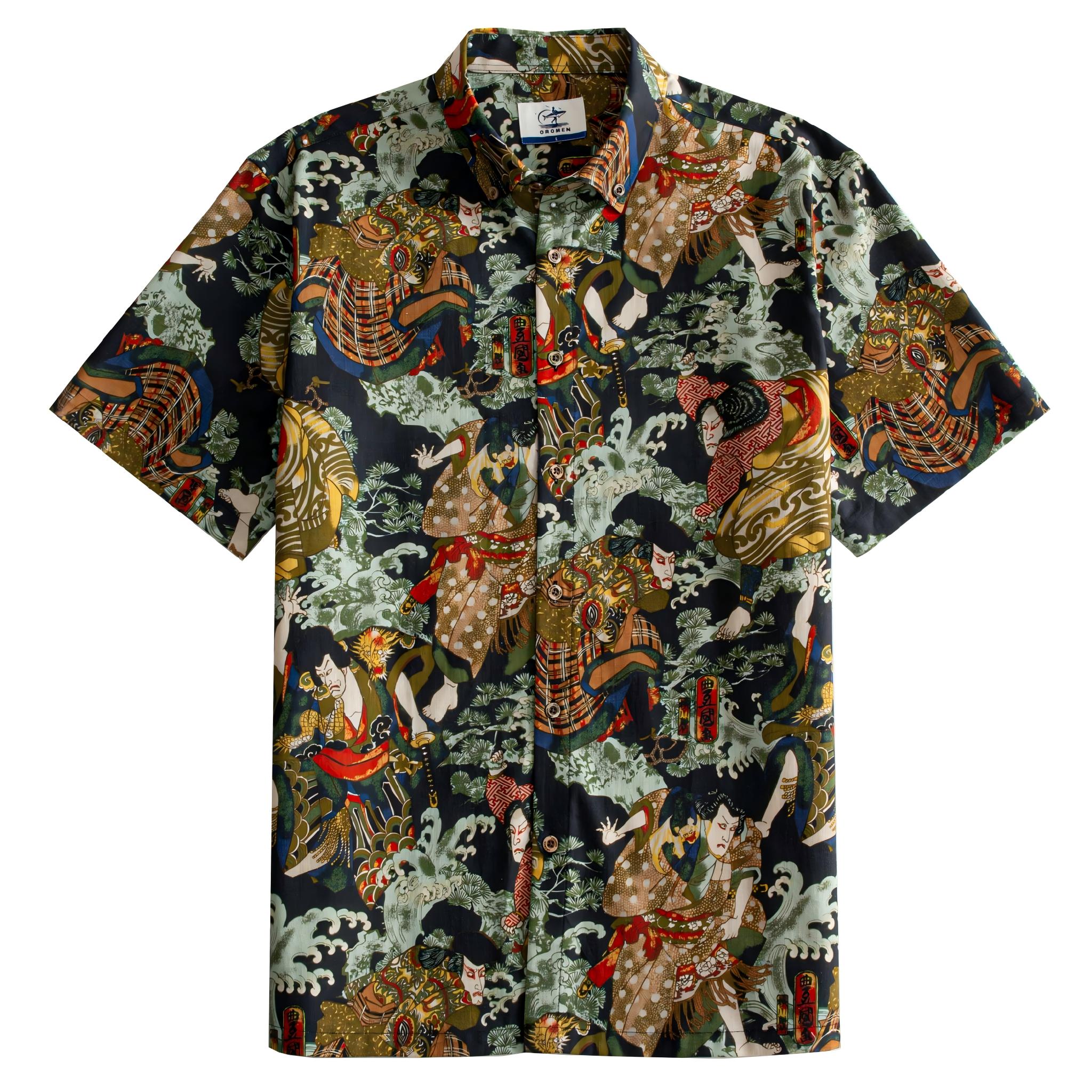 OROMEN Kabuki Warriors Hawaiian shirt front flat lay showing full allover Japanese Ukiyoe warrior print on dark navy cotton