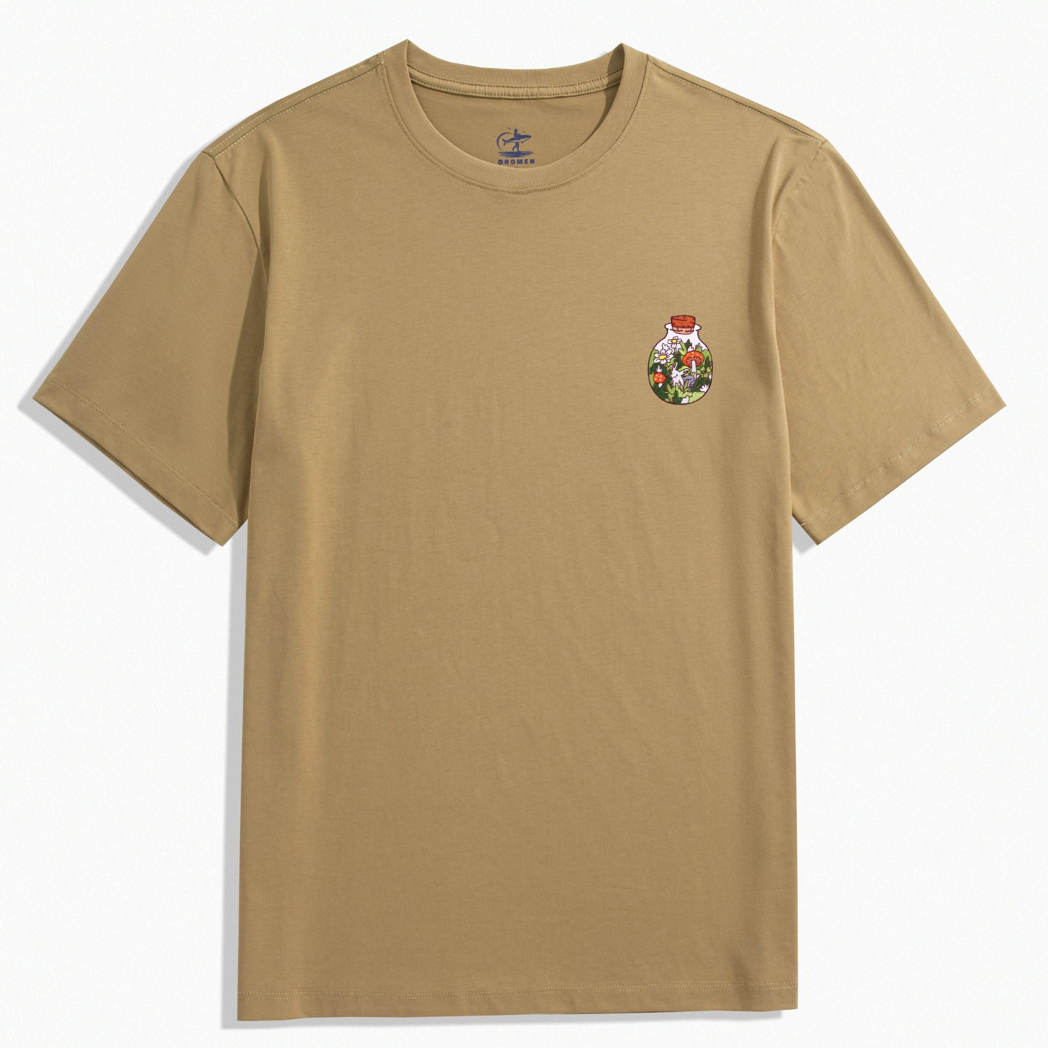 OROMEN Khaki Bottle Garden Embroidery T-Shirt – Front View
