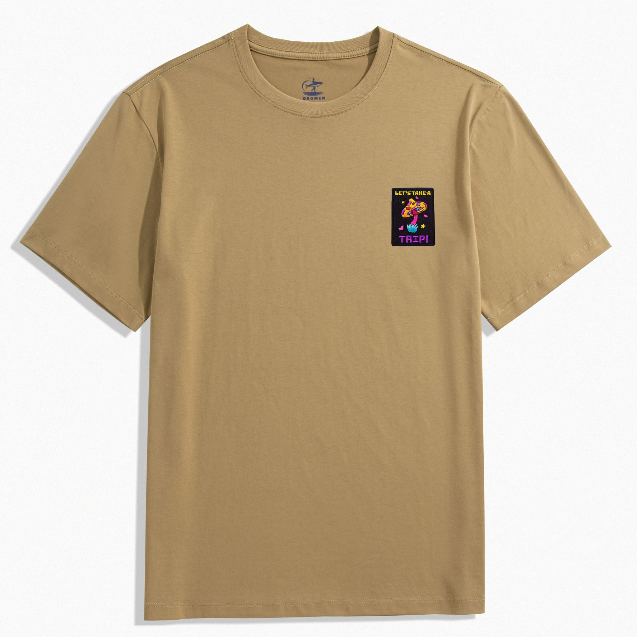 OROMEN Khaki "Let's Take A Trip" Mushroom Embroidery T-Shirt – Front View