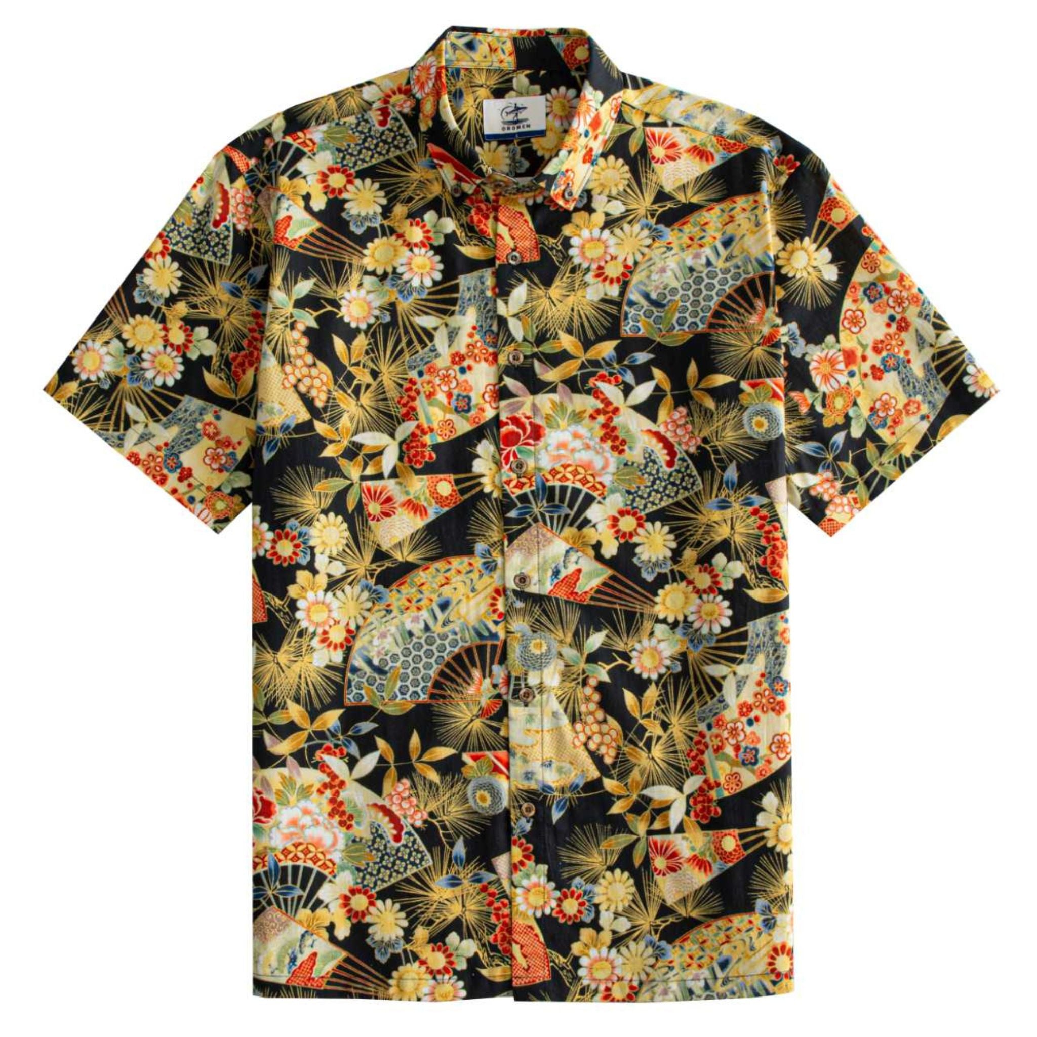 OROMEN Kiku & Fan Hawaiian Shirt – front full view black ground with gold chrysanthemum and folding fan print