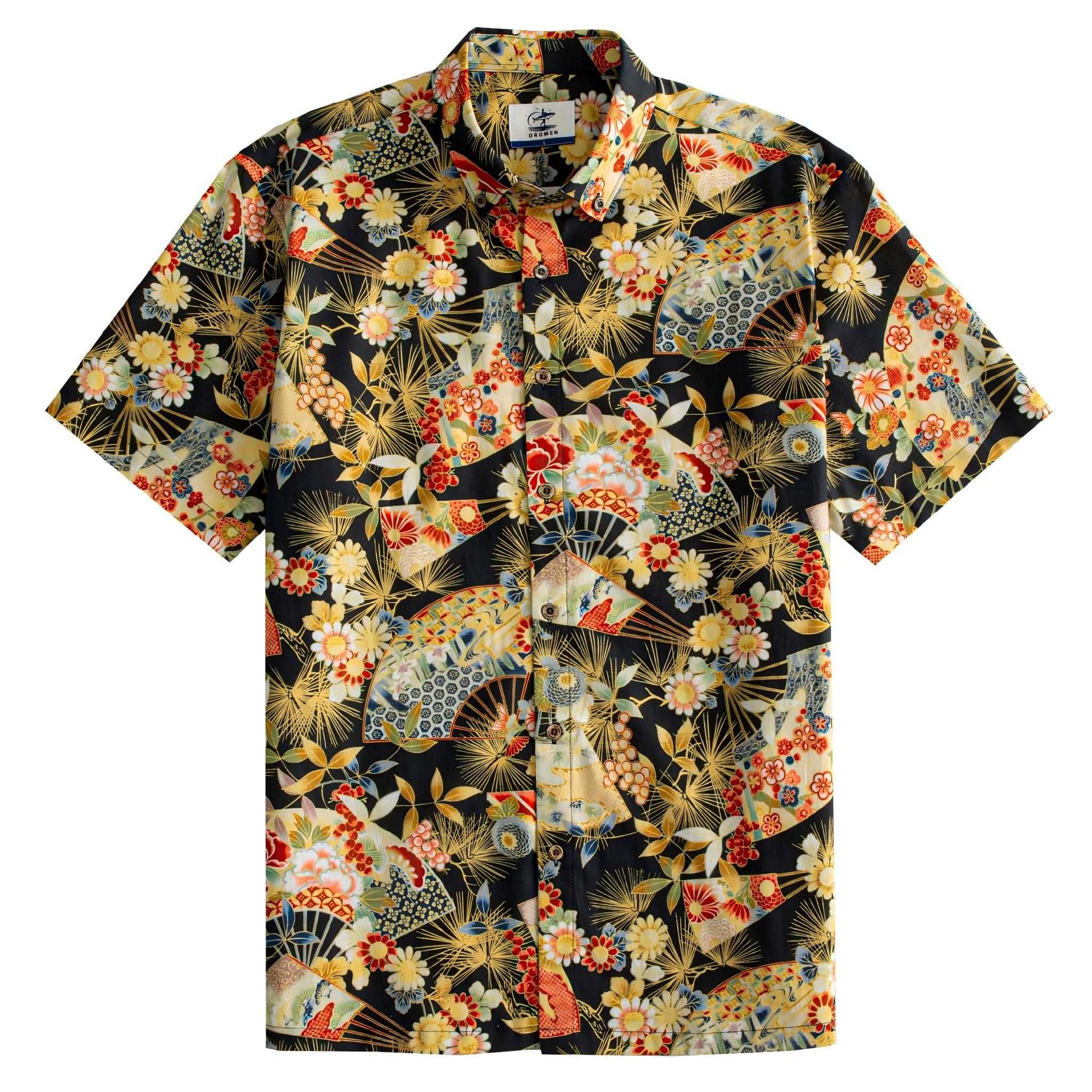 OROMEN Kiku & Fan Hawaiian Shirt – front full view black ground with gold chrysanthemum and folding fan print
