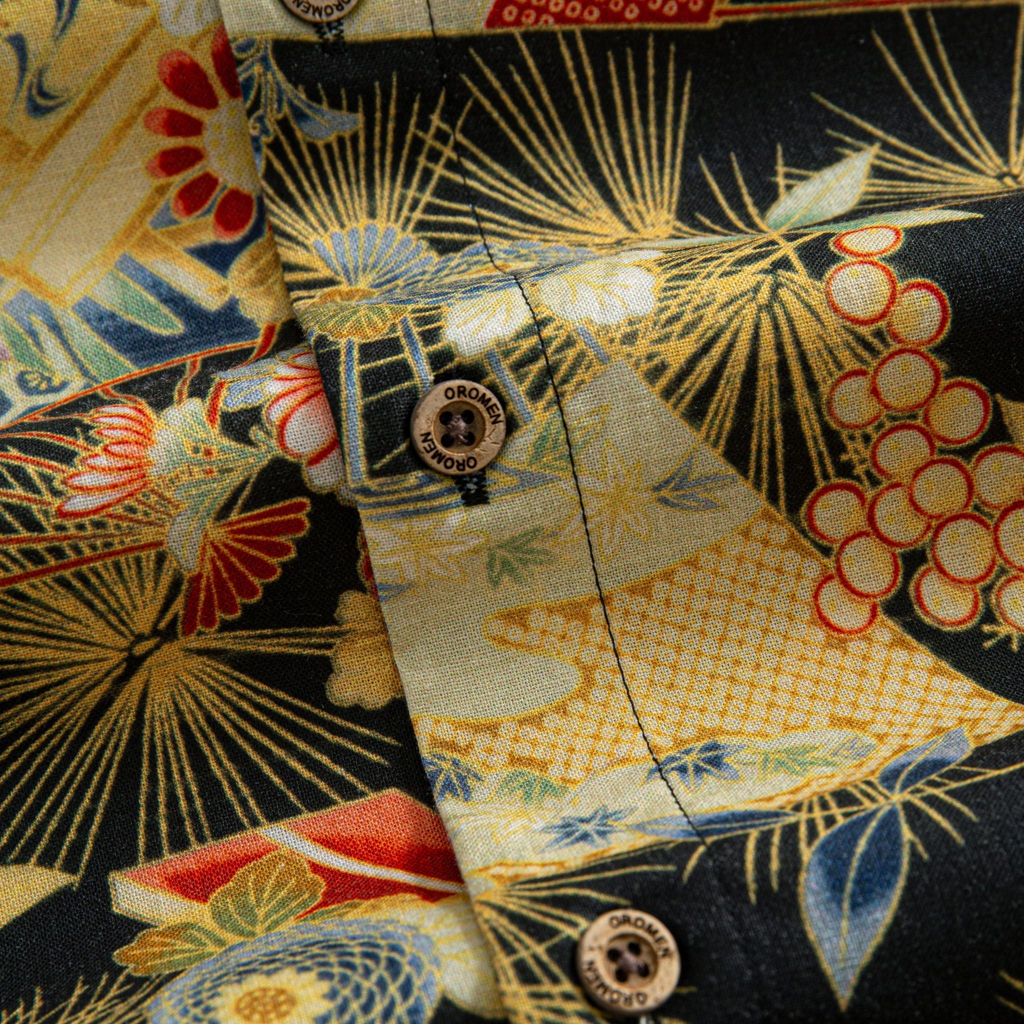 OROMEN Kiku & Fan shirt – branded coconut button detail on black ground with gold fan and red chrysanthemum print