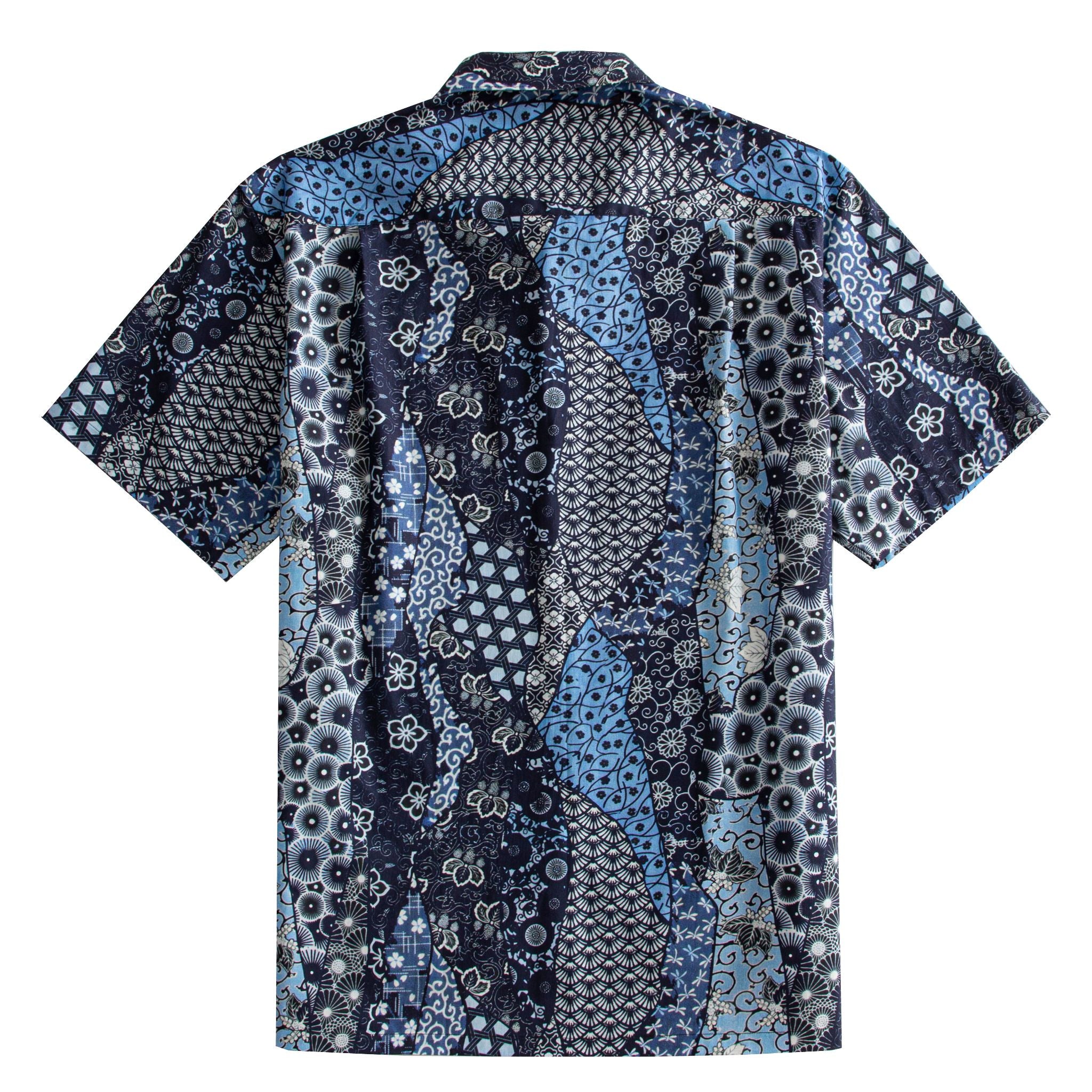 OROMEN Komon Patchwork Hawaiian shirt back flat lay, full allover navy and sky blue Japanese multi-motif patchwork print