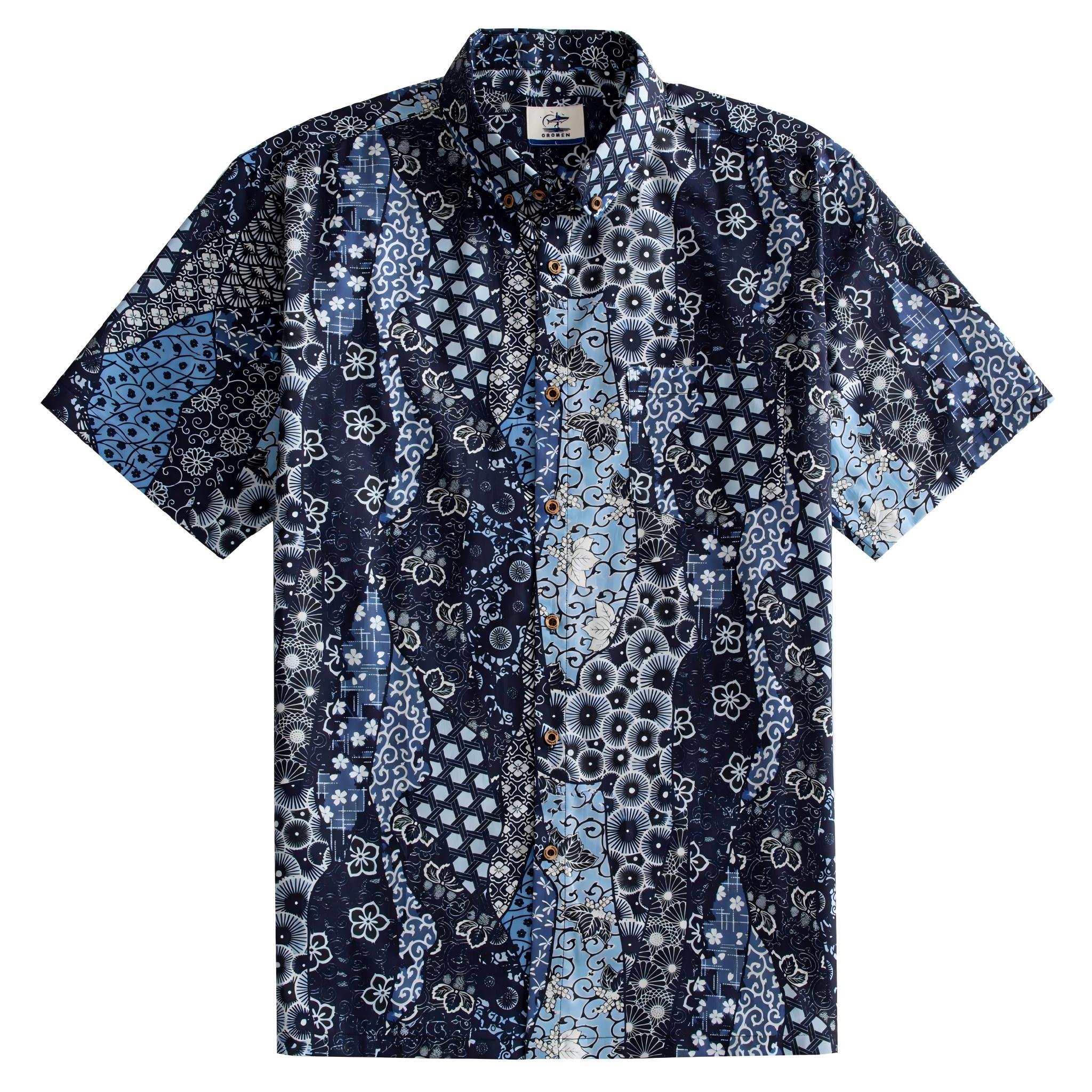 OROMEN Komon Patchwork Hawaiian shirt front flat lay, allover navy and sky blue Japanese multi-motif patchwork print