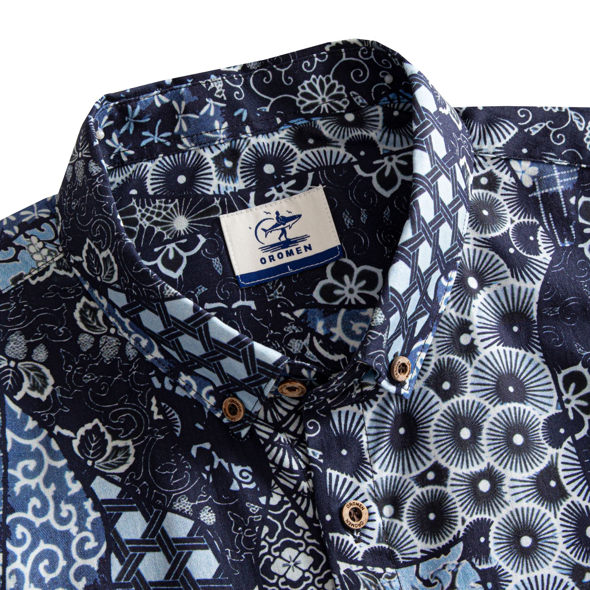 OROMEN Komon Patchwork shirt camp collar and branded label detail, navy and sky blue Komon patchwork print