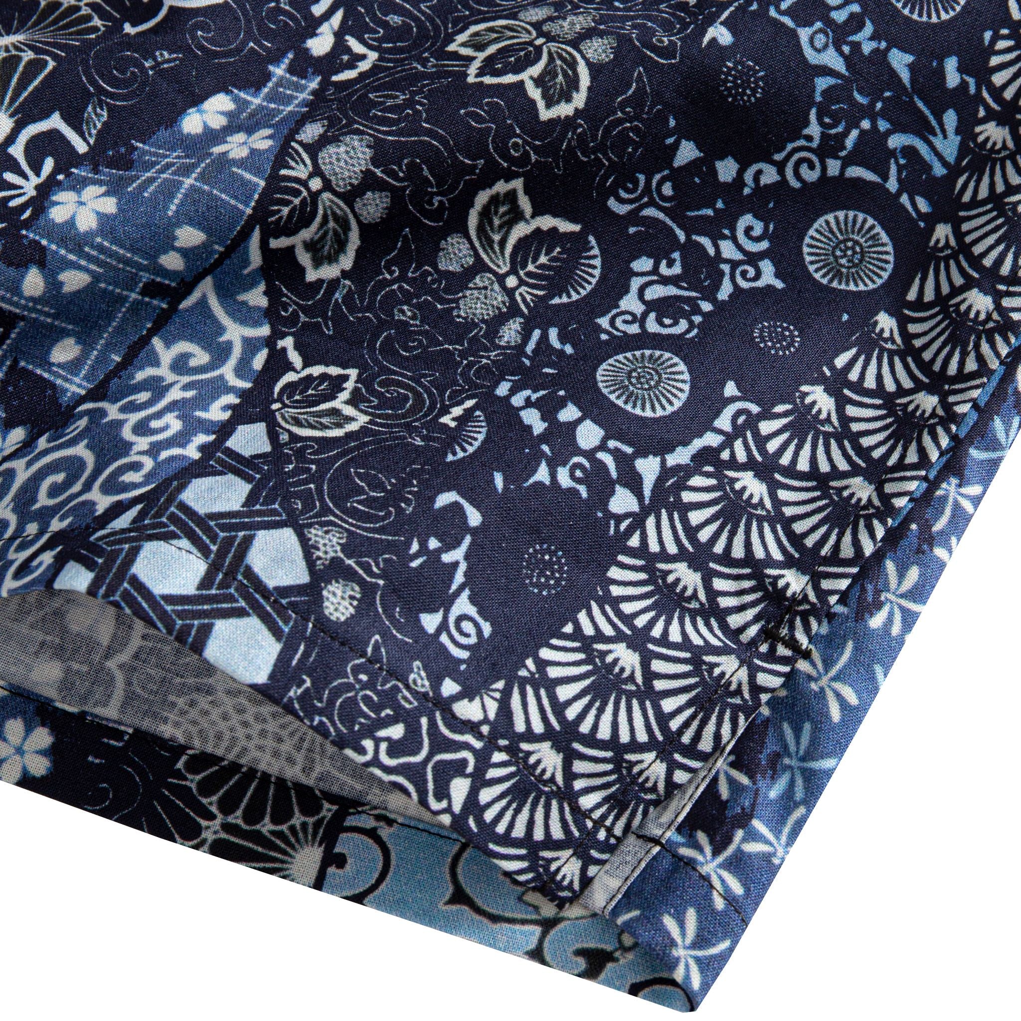 OROMEN Komon Patchwork shirt side vent and hem detail, navy and sky blue Komon patchwork with double needle stitching